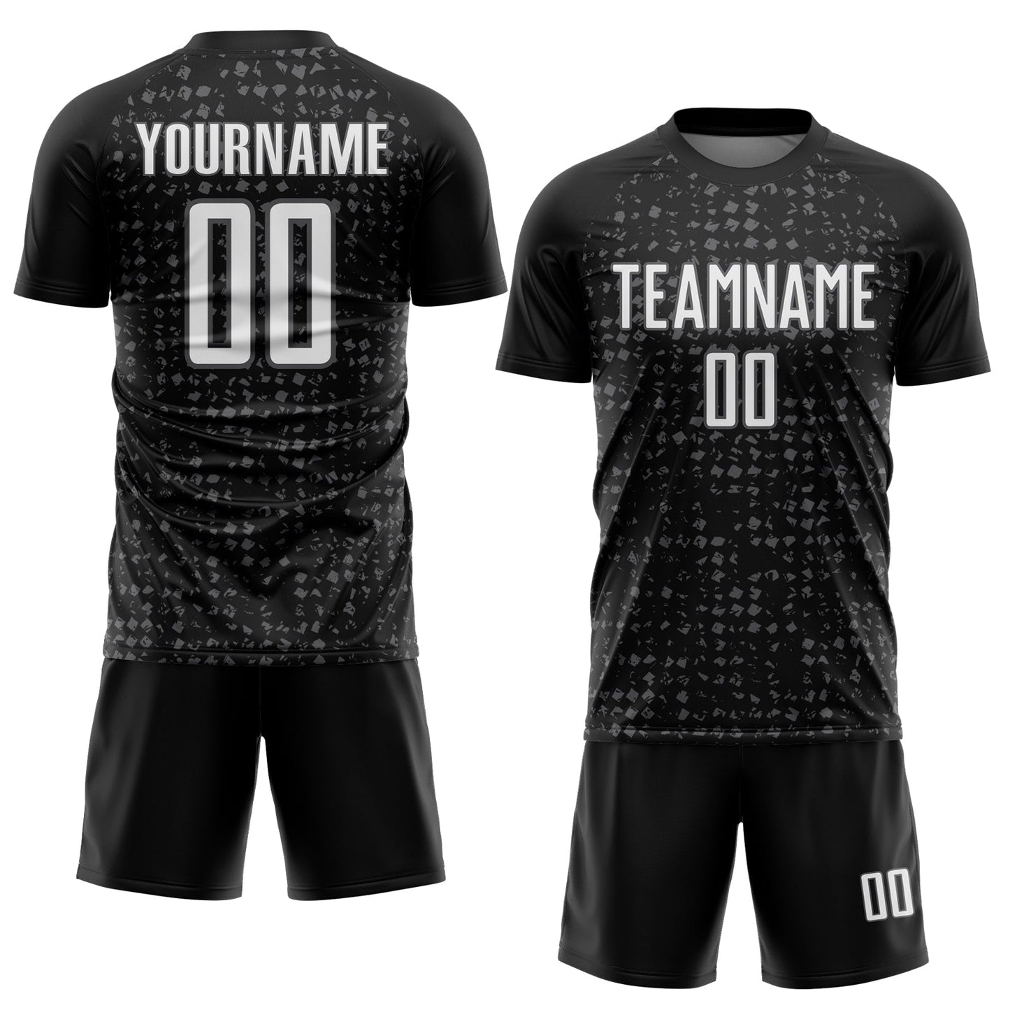 Custom Black White-Steel Gray Digital Geometric Fragment Speckles Sublimation Soccer Uniform Jersey view 2
