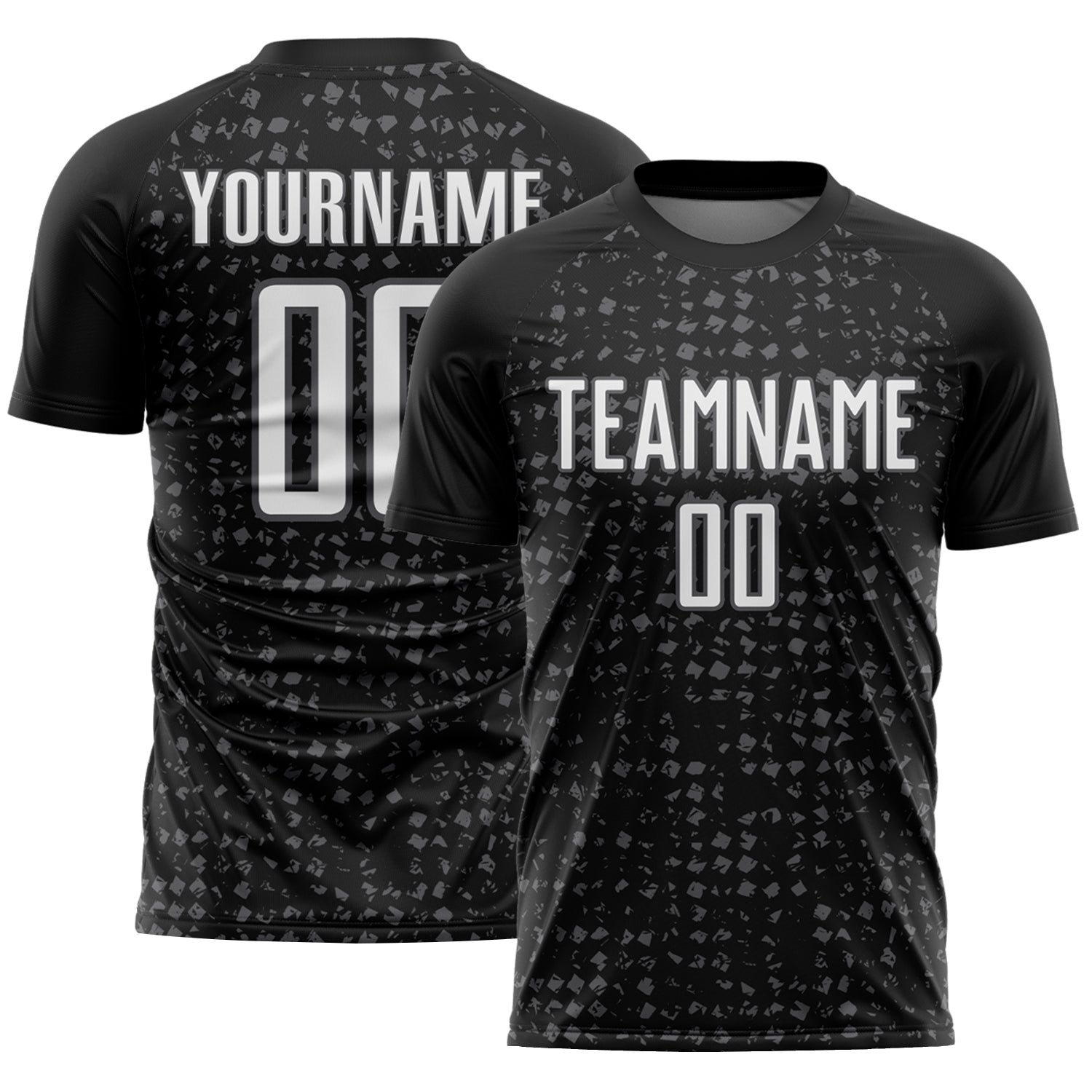 Custom Black White-Steel Gray Digital Geometric Fragment Speckles Sublimation Soccer Uniform Jersey - Main View