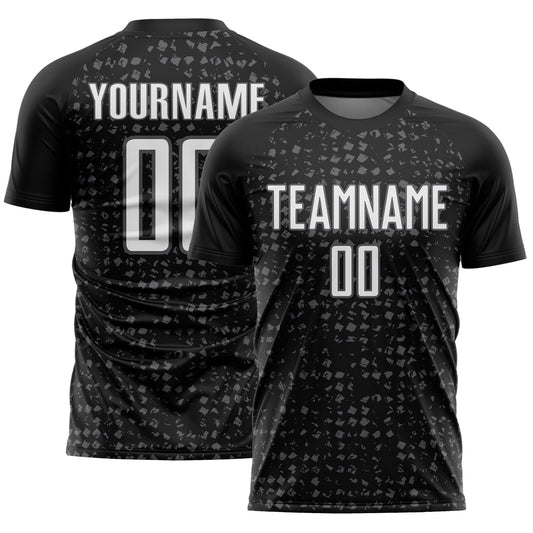 Custom Black White-Steel Gray Digital Geometric Fragment Speckles Sublimation Soccer Uniform Jersey - Main View
