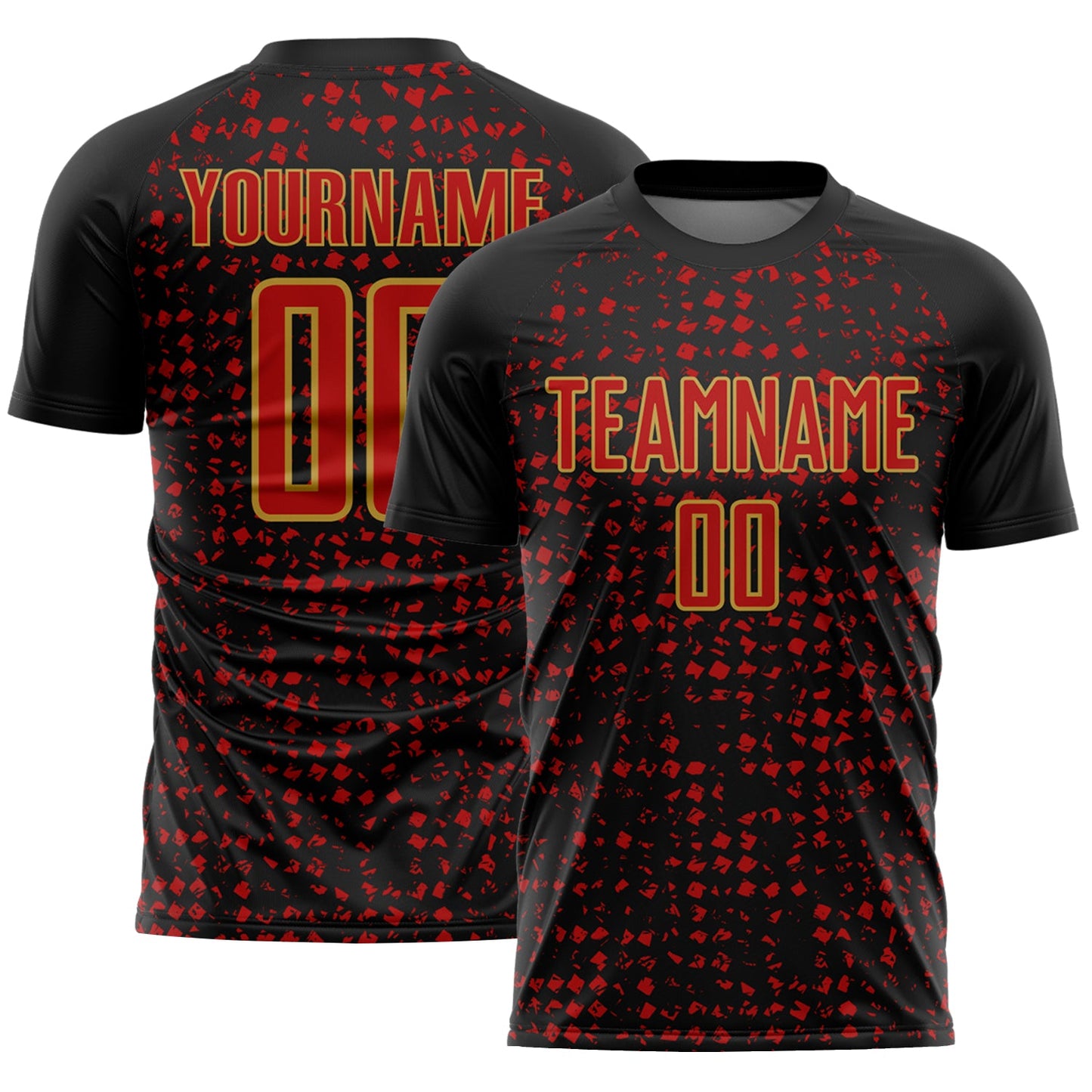 Custom Black Red-Old Gold Digital Geometric Fragment Speckles Sublimation Soccer Uniform Jersey - Main View