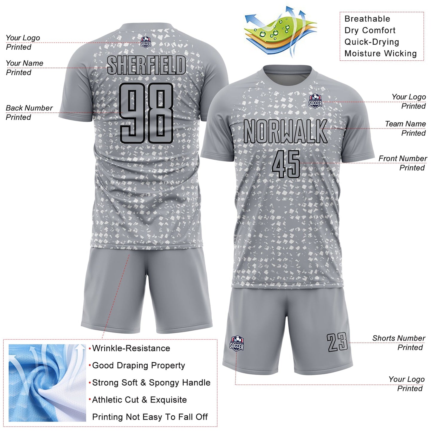 Custom Gray Black-White Digital Geometric Fragment Speckles Sublimation Soccer Uniform Jersey view 4