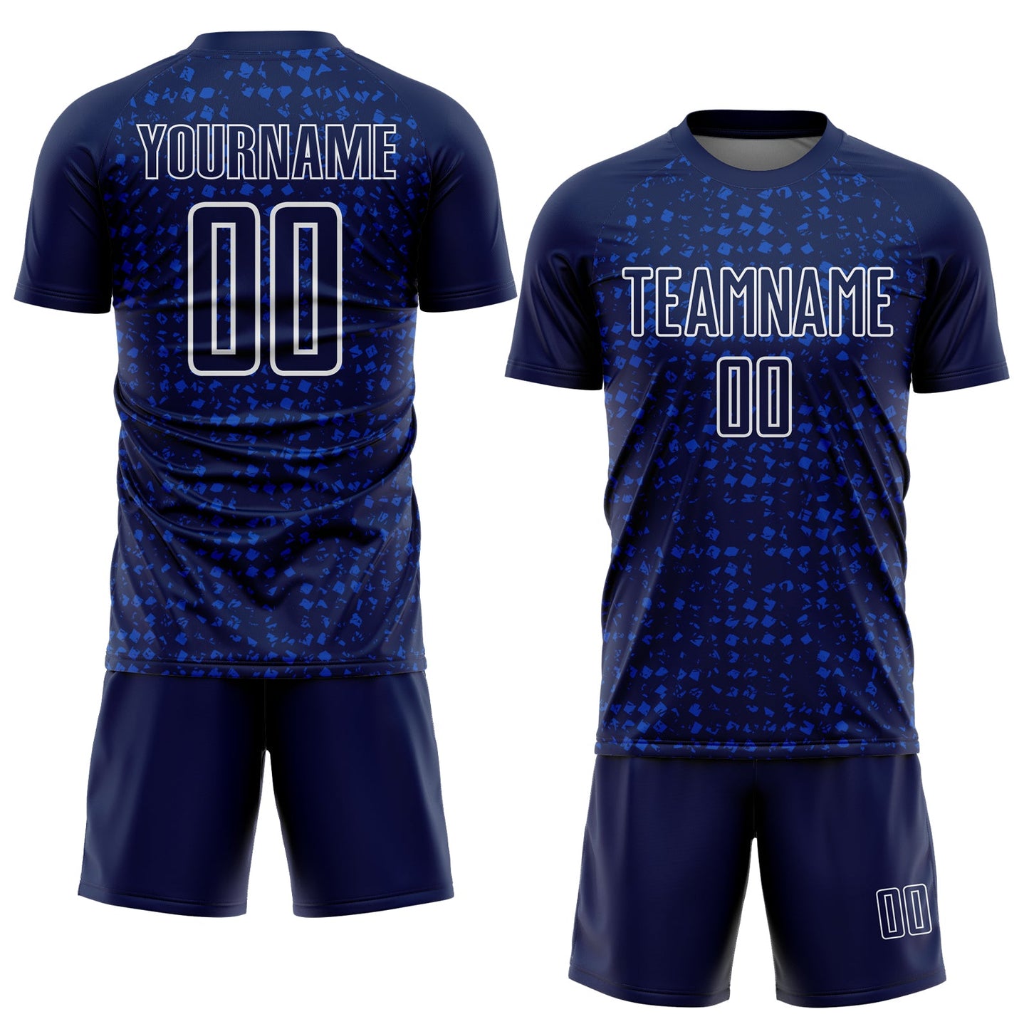 Custom Navy Thunder Blue-White Digital Geometric Fragment Speckles Sublimation Soccer Uniform Jersey view 2
