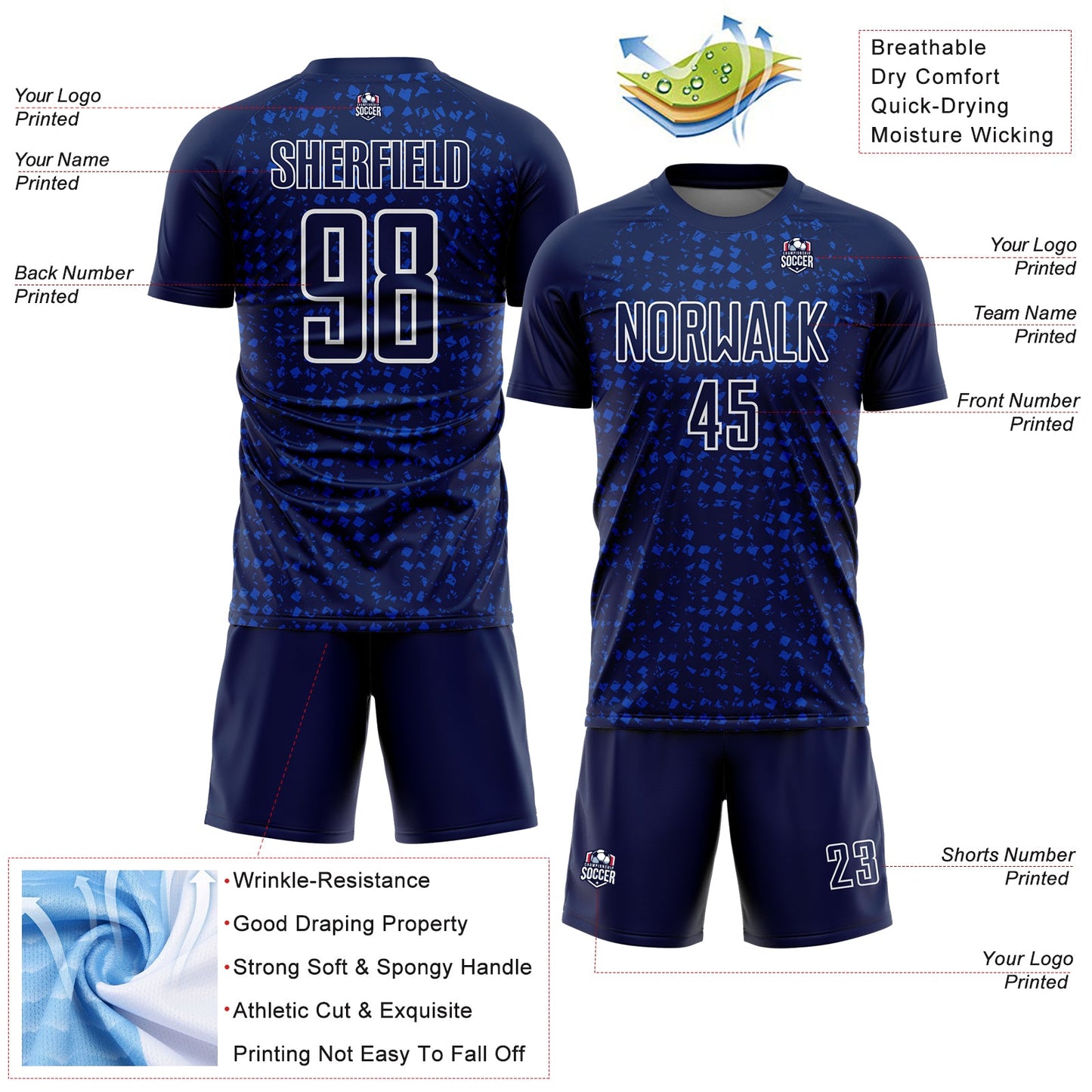 Custom Navy Thunder Blue-White Digital Geometric Fragment Speckles Sublimation Soccer Uniform Jersey view 4