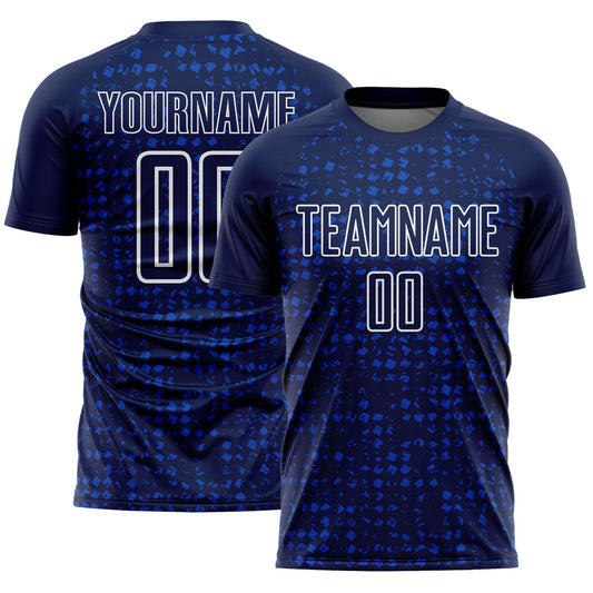 Custom Navy Thunder Blue-White Digital Geometric Fragment Speckles Sublimation Soccer Uniform Jersey - Main View