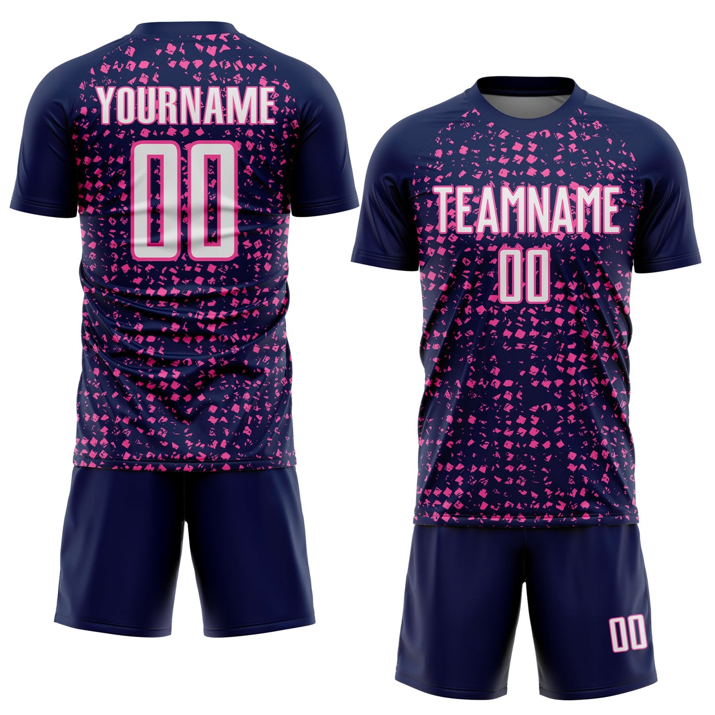 Custom Navy White-Pink Digital Geometric Fragment Speckles Sublimation Soccer Uniform Jersey view 2