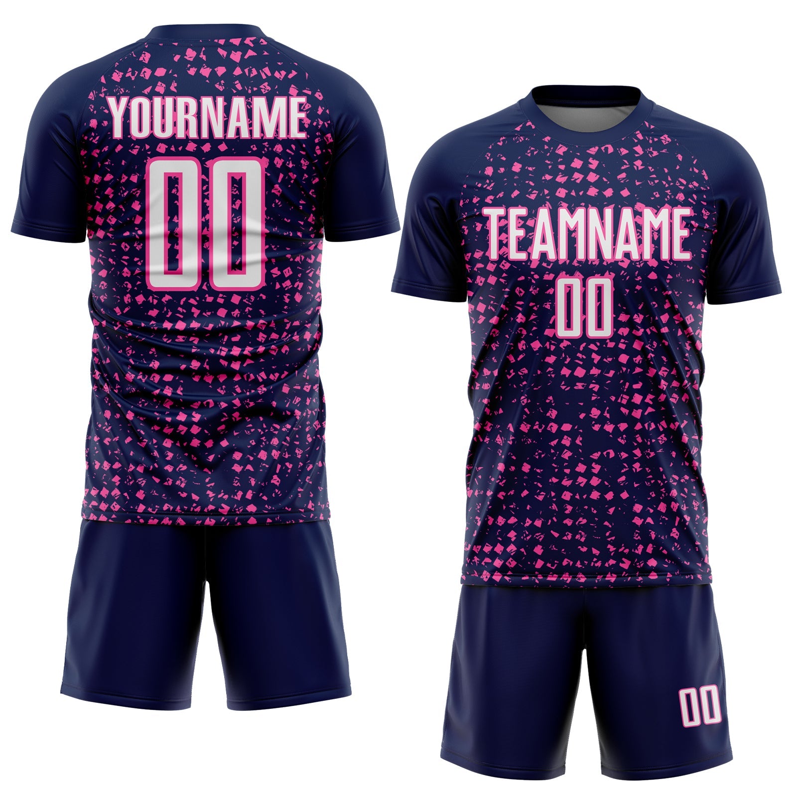 Custom Navy White-Pink Digital Geometric Fragment Speckles Sublimation Soccer Uniform Jersey view 2