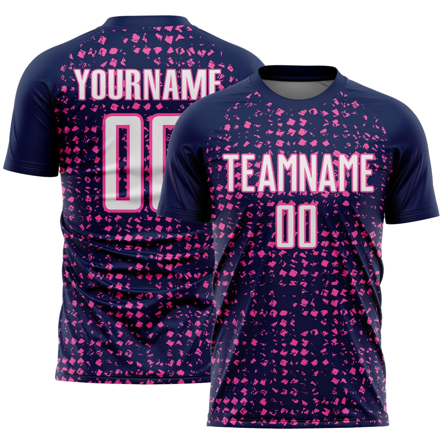 Custom Navy White-Pink Digital Geometric Fragment Speckles Sublimation Soccer Uniform Jersey - Main View