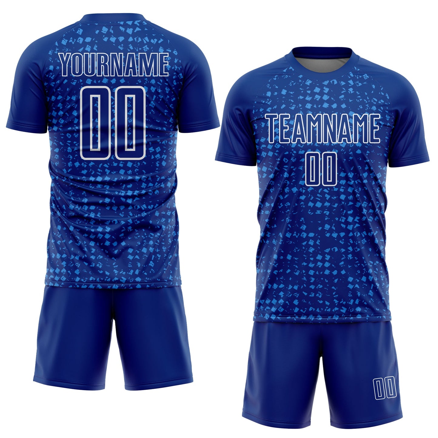 Custom Royal Powder Blue-White Digital Geometric Fragment Speckles Sublimation Soccer Uniform Jersey view 2