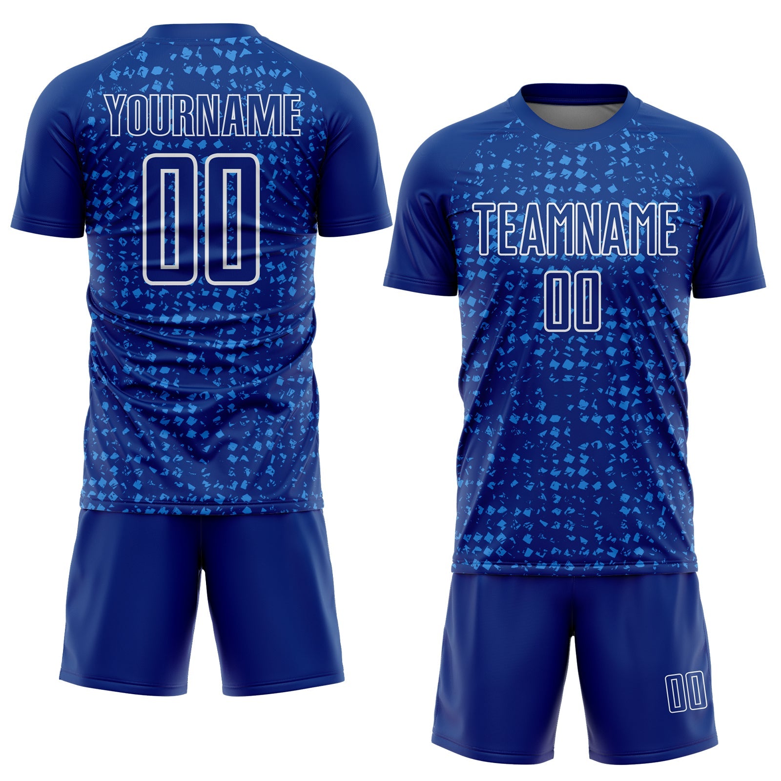 Custom Royal Powder Blue-White Digital Geometric Fragment Speckles Sublimation Soccer Uniform Jersey view 2