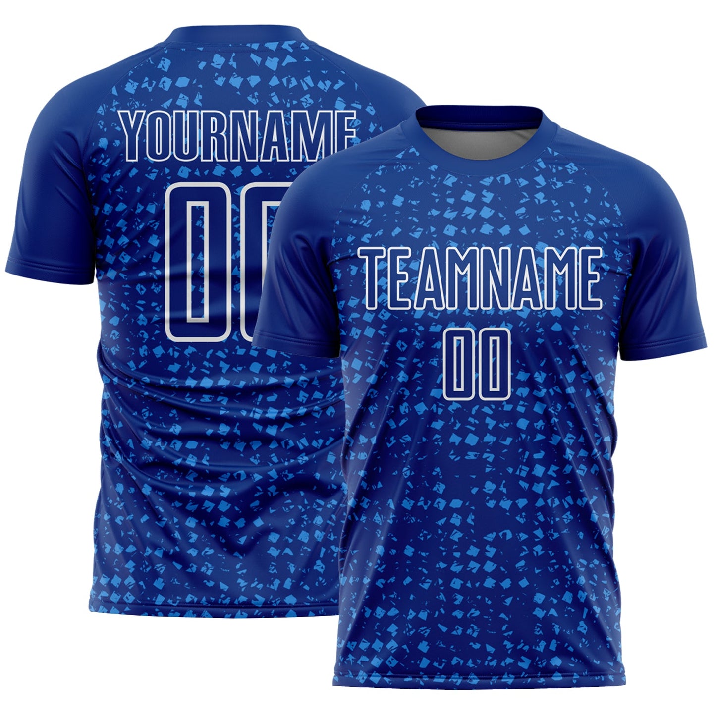 Custom Royal Powder Blue-White Digital Geometric Fragment Speckles Sublimation Soccer Uniform Jersey - Main View
