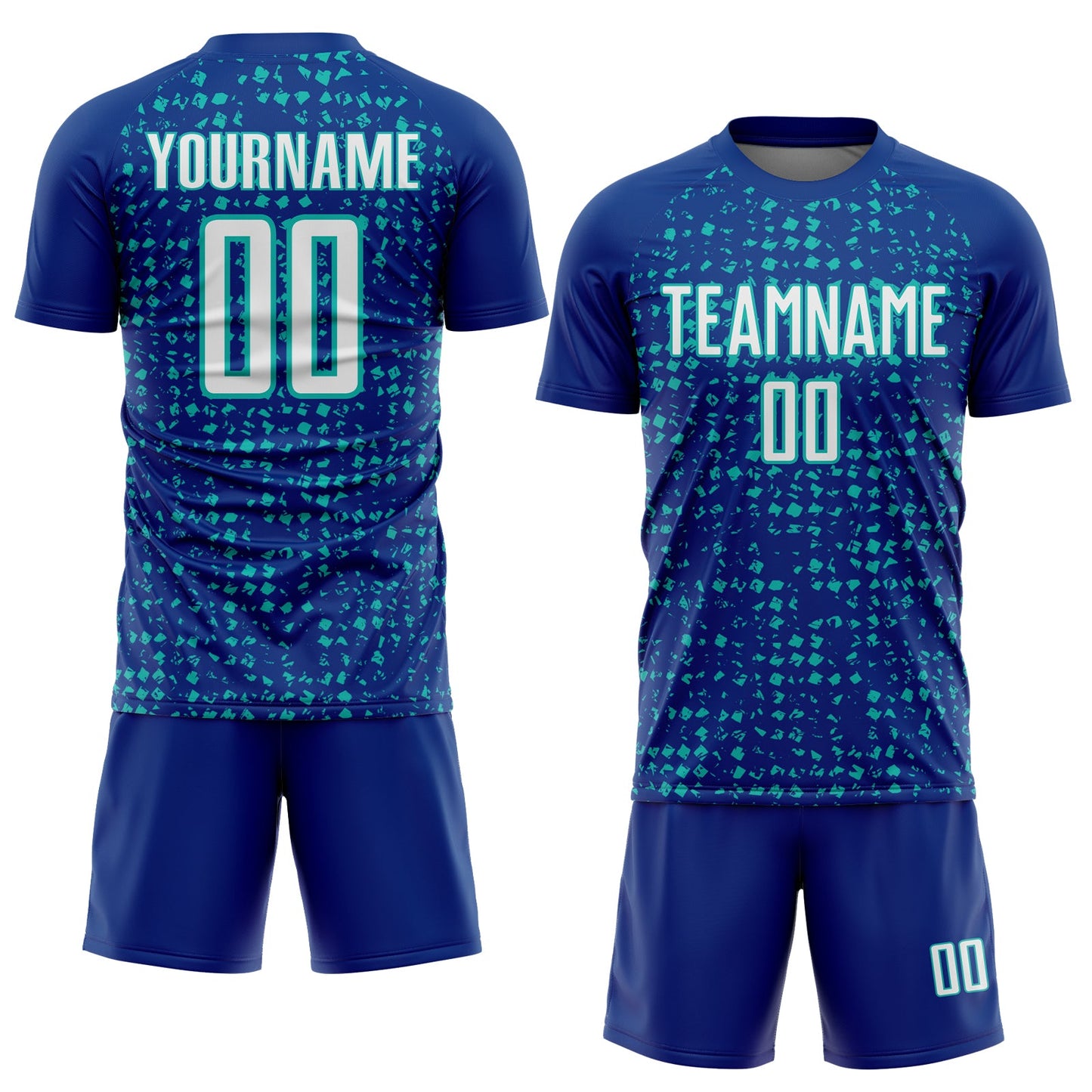 Custom Royal White-Aqua Digital Geometric Fragment Speckles Sublimation Soccer Uniform Jersey view 2