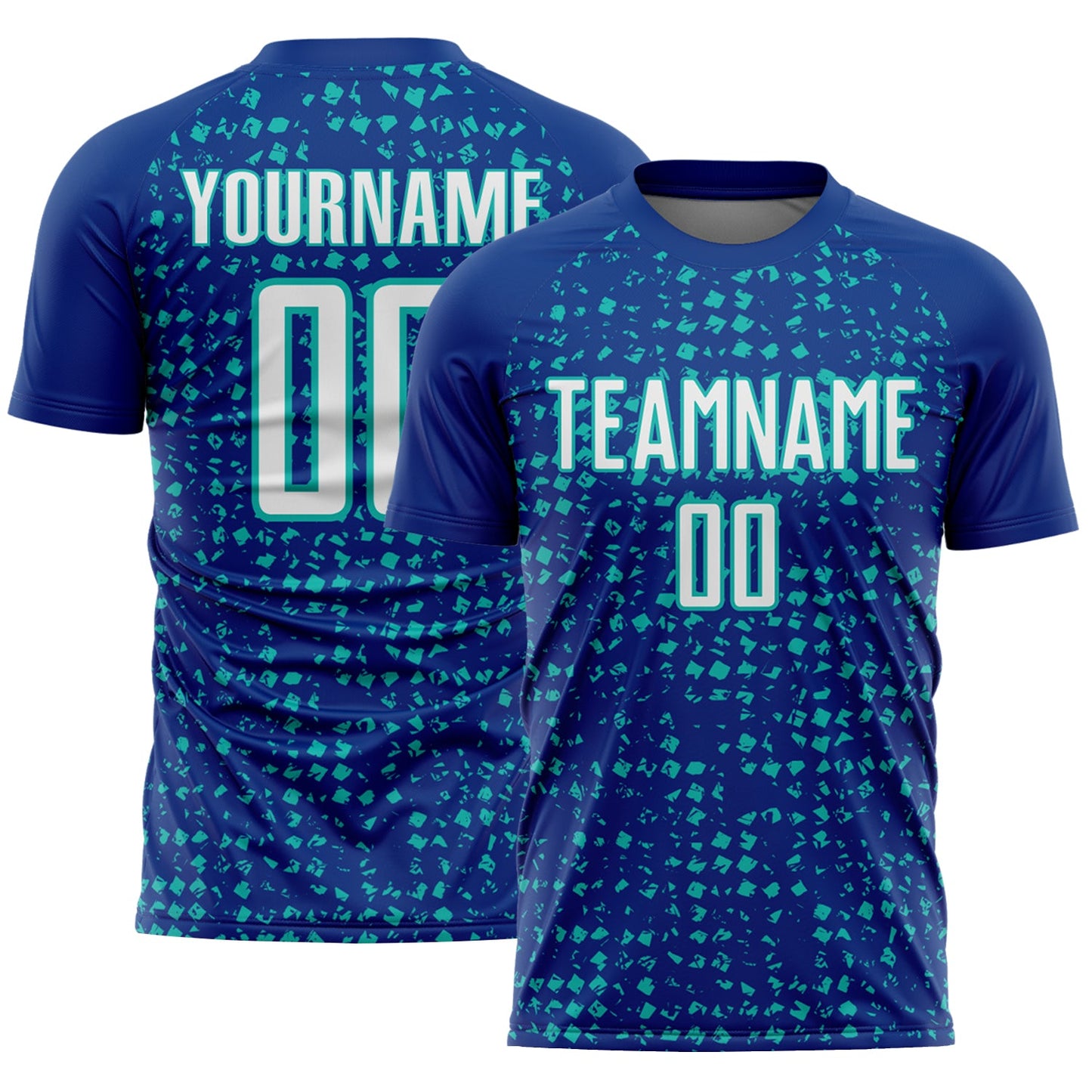 Custom Royal White-Aqua Digital Geometric Fragment Speckles Sublimation Soccer Uniform Jersey - Main View