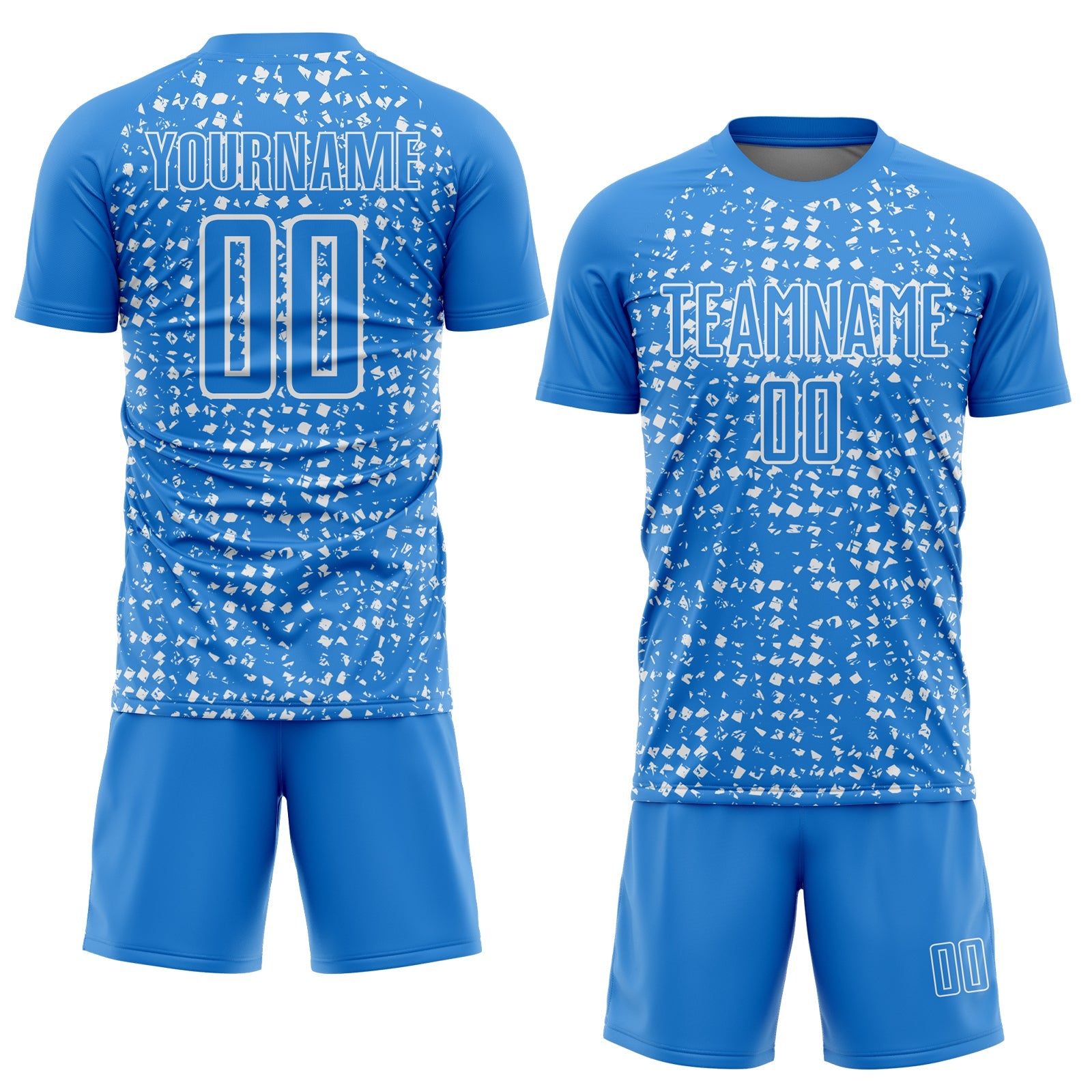 Custom Powder Blue White Digital Geometric Fragment Speckles Sublimation Soccer Uniform Jersey view 2