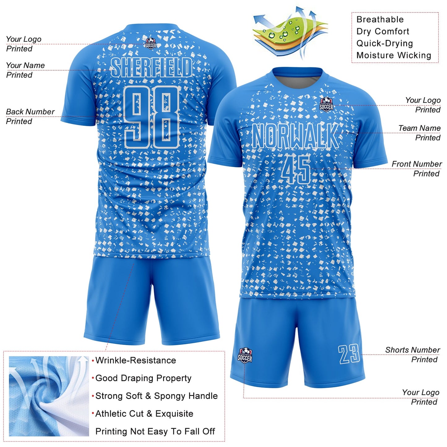 Custom Powder Blue White Digital Geometric Fragment Speckles Sublimation Soccer Uniform Jersey view 4