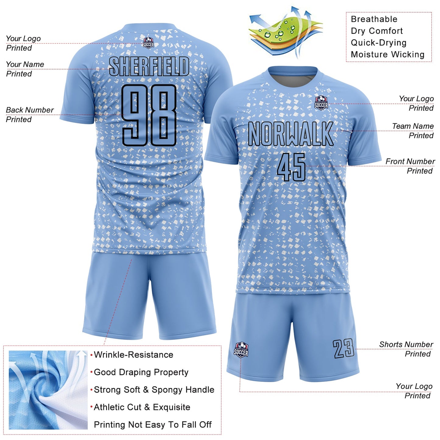 Custom Light Blue Black-White Digital Geometric Fragment Speckles Sublimation Soccer Uniform Jersey view 4