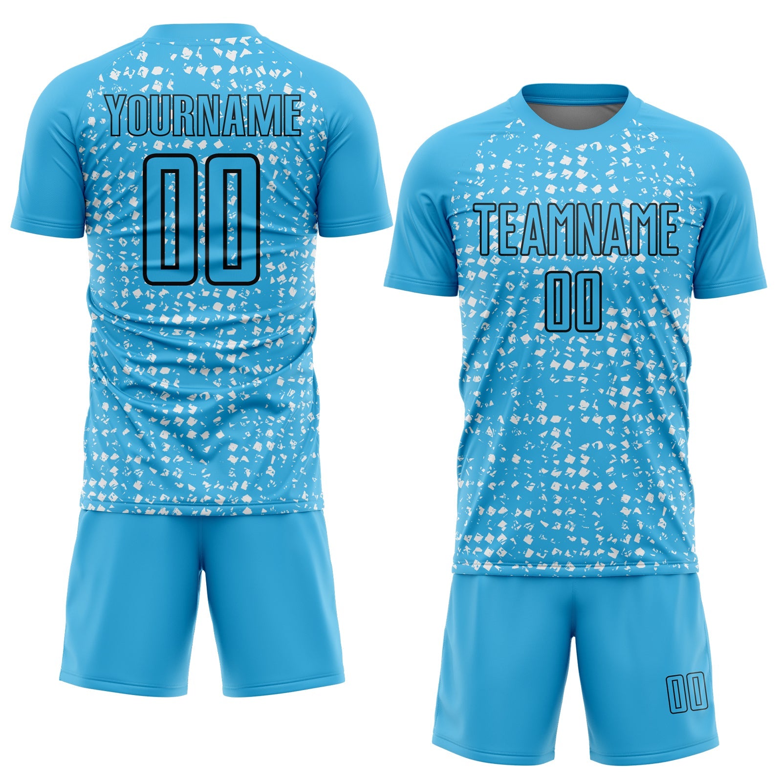 Custom Sky Blue Black-White Digital Geometric Fragment Speckles Sublimation Soccer Uniform Jersey view 2