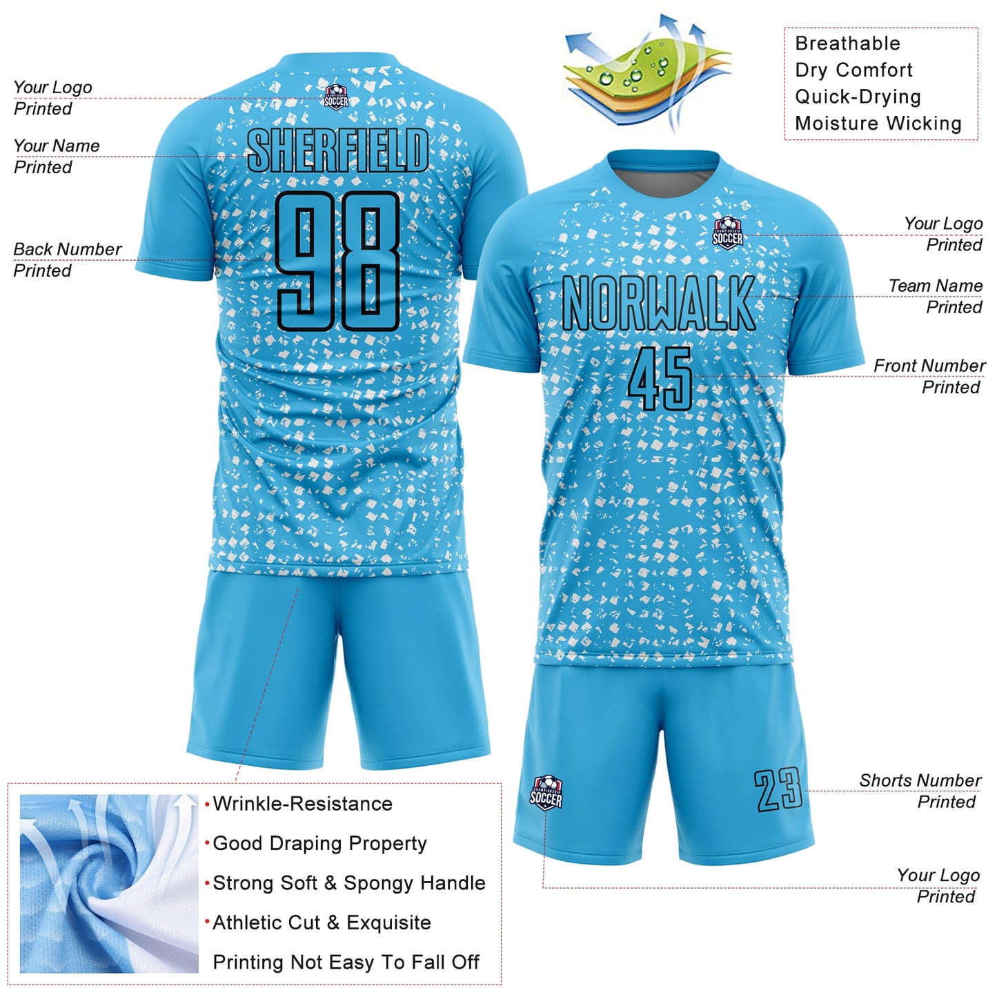 Custom Sky Blue Black-White Digital Geometric Fragment Speckles Sublimation Soccer Uniform Jersey view 4