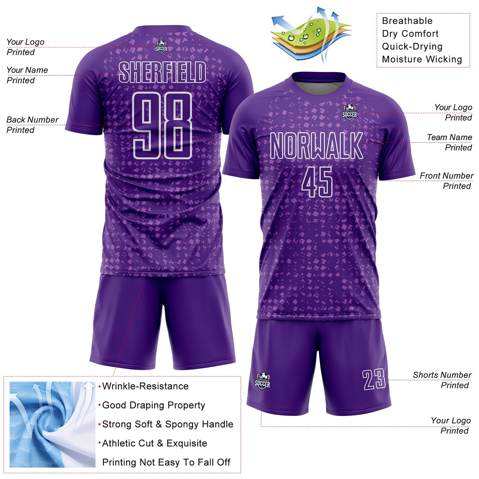 Custom Purple White-Medium Purple Digital Geometric Fragment Speckles Sublimation Soccer Uniform Jersey view 4