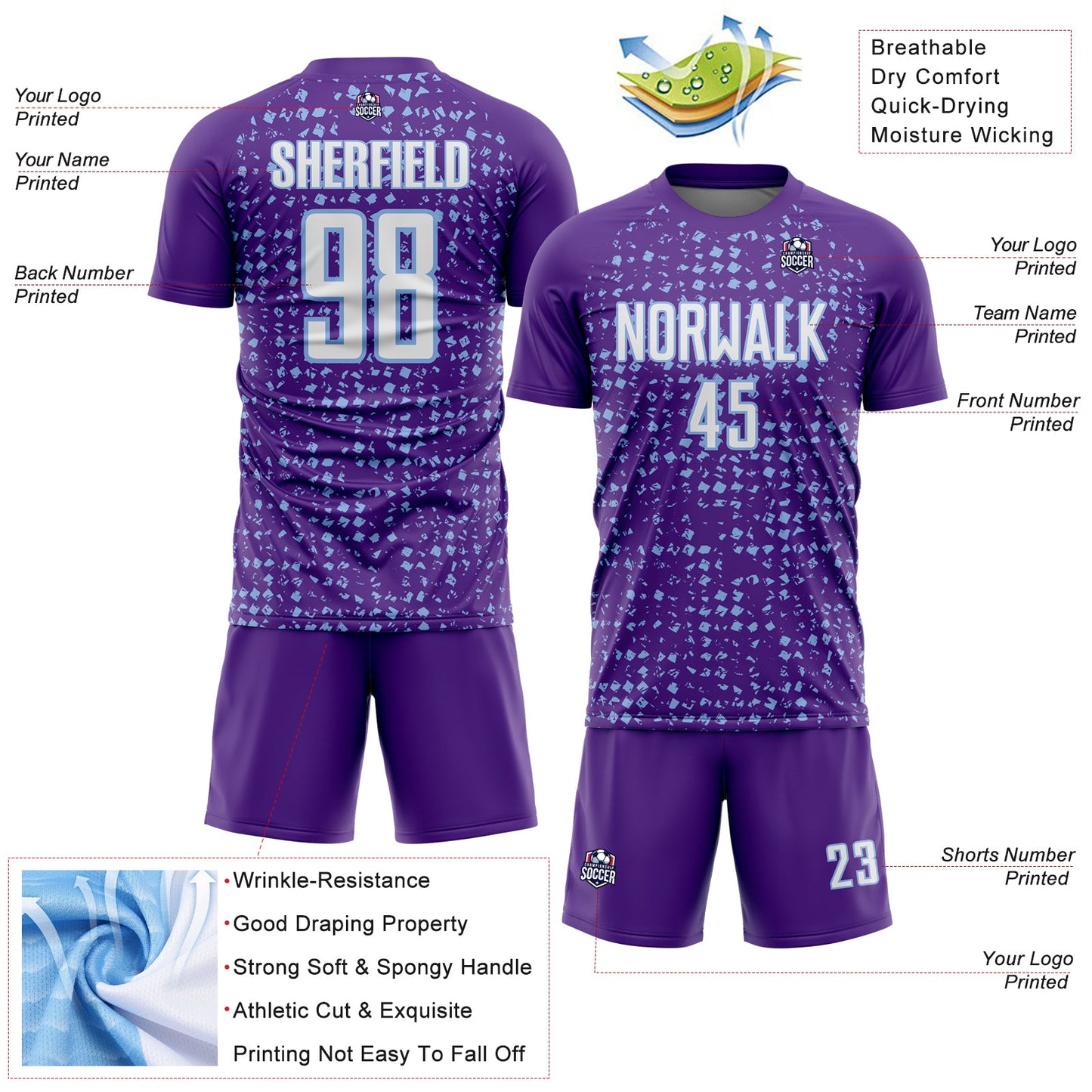 Custom Purple White-Light Blue Digital Geometric Fragment Speckles Sublimation Soccer Uniform Jersey view 4