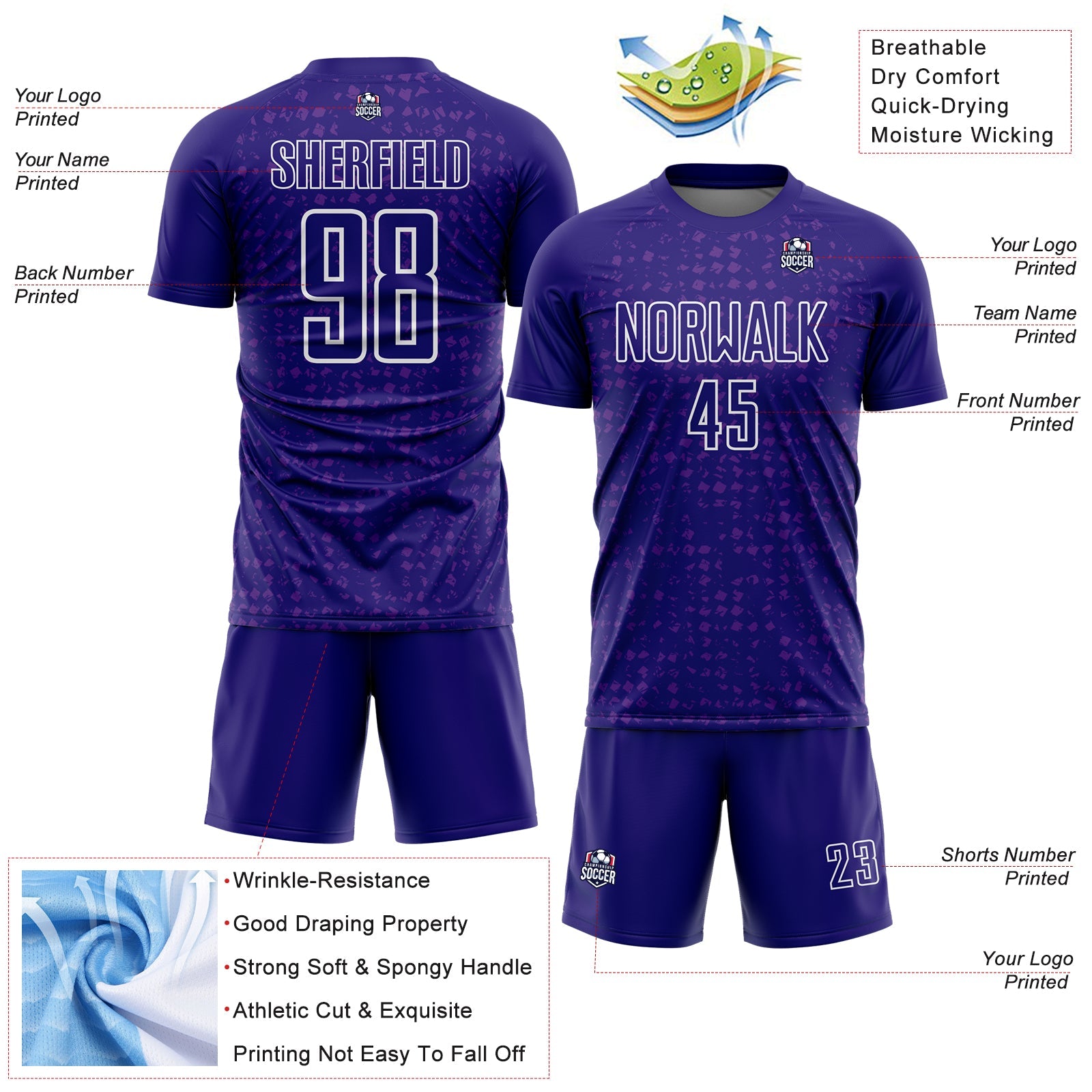Custom Dark Purple White-Purple Digital Geometric Fragment Speckles Sublimation Soccer Uniform Jersey view 4