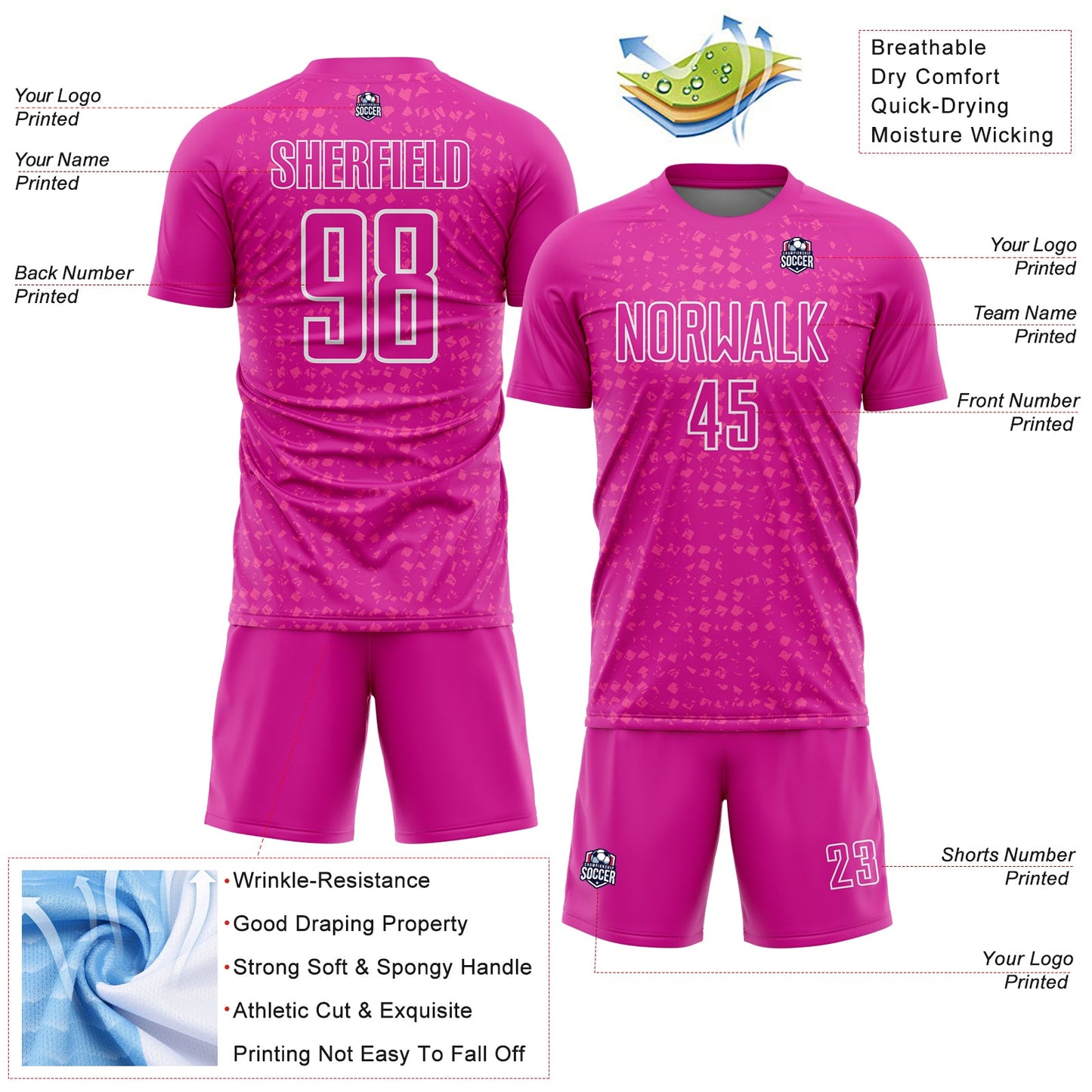 Custom Deep Pink White-Pink Digital Geometric Fragment Speckles Sublimation Soccer Uniform Jersey view 4
