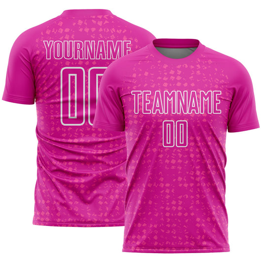 Custom Deep Pink White-Pink Digital Geometric Fragment Speckles Sublimation Soccer Uniform Jersey - Main View