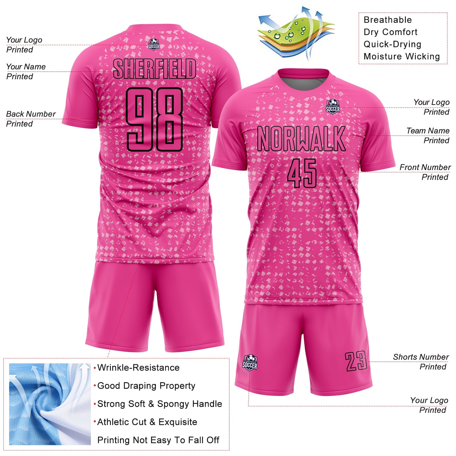 Custom Pink Black-Light Pink Digital Geometric Fragment Speckles Sublimation Soccer Uniform Jersey view 4
