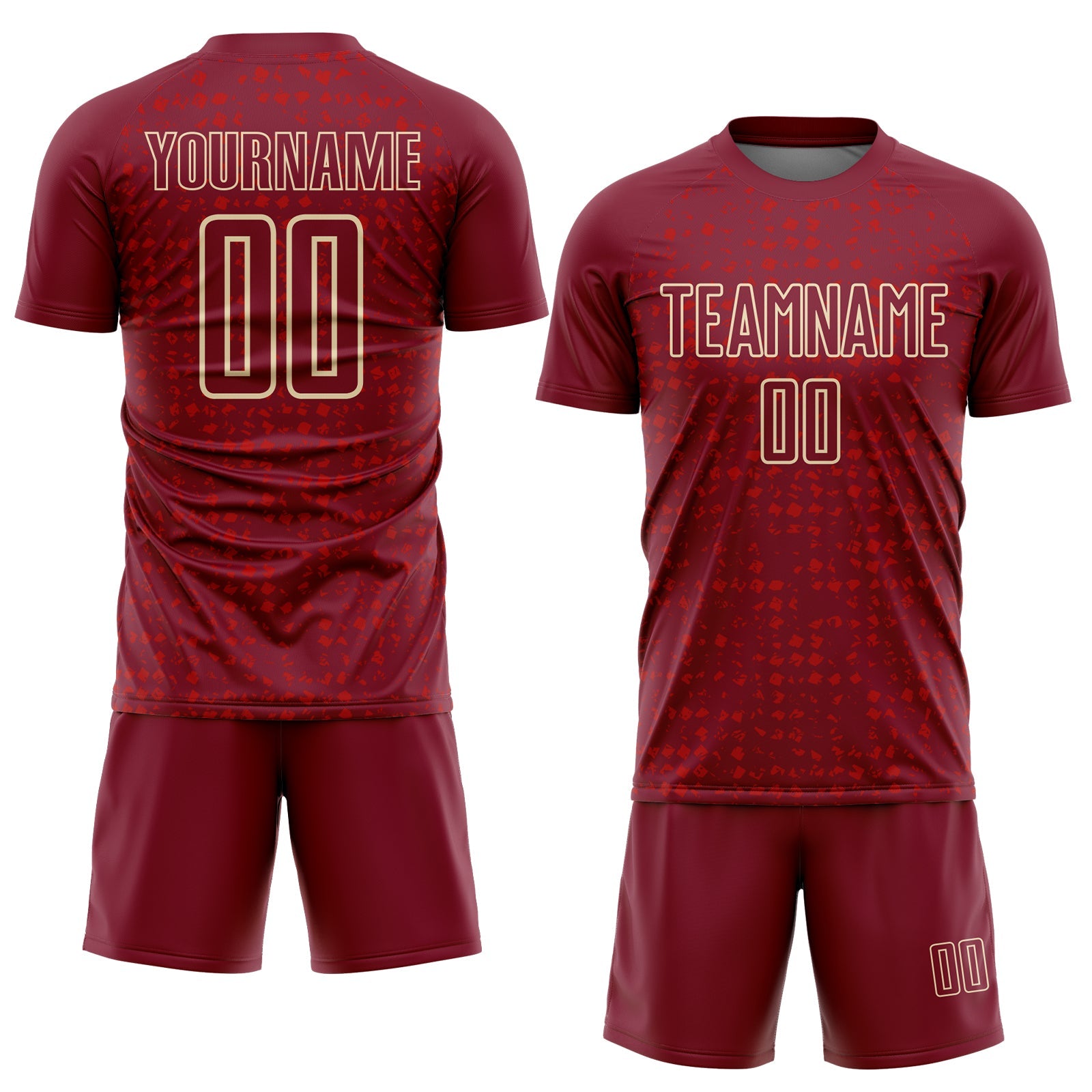 Custom Crimson Cream-Red Digital Geometric Fragment Speckles Sublimation Soccer Uniform Jersey view 2