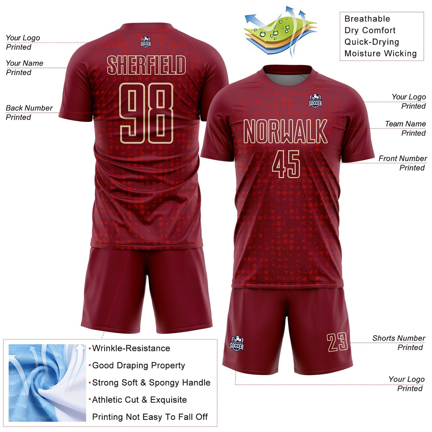 Custom Crimson Cream-Red Digital Geometric Fragment Speckles Sublimation Soccer Uniform Jersey view 4