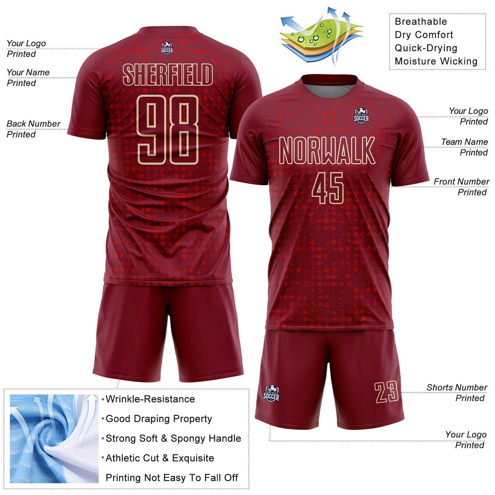 Custom Crimson Cream-Red Digital Geometric Fragment Speckles Sublimation Soccer Uniform Jersey view 4
