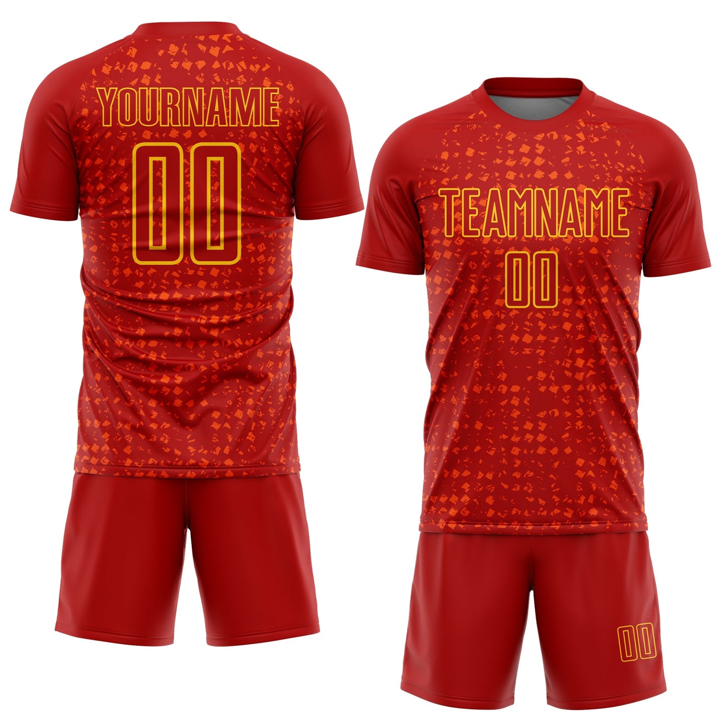 Custom Red Gold-Orange Digital Geometric Fragment Speckles Sublimation Soccer Uniform Jersey view 2