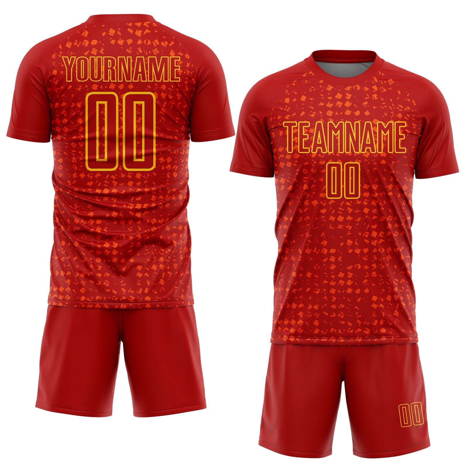 Custom Red Gold-Orange Digital Geometric Fragment Speckles Sublimation Soccer Uniform Jersey view 2