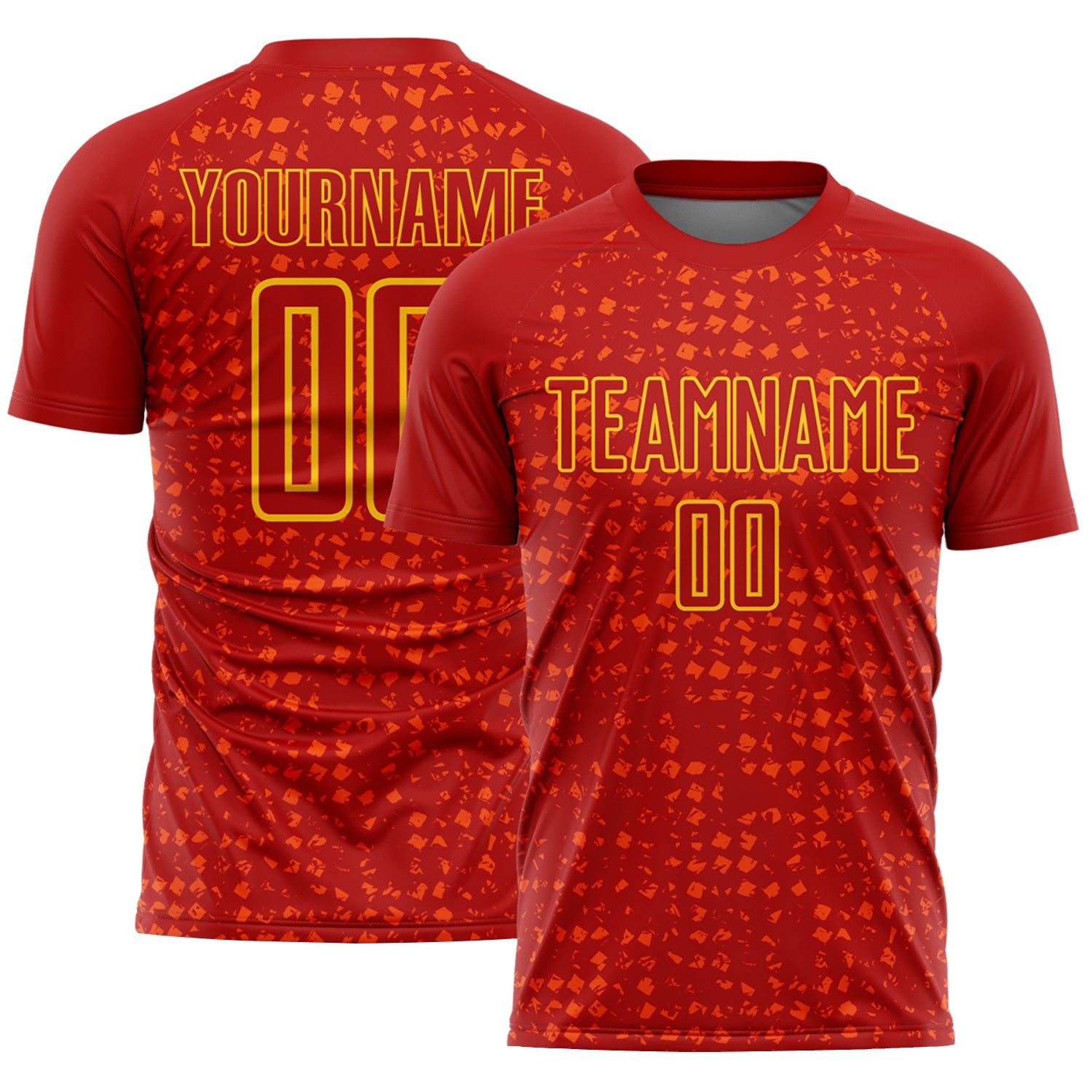 Custom Red Gold-Orange Digital Geometric Fragment Speckles Sublimation Soccer Uniform Jersey - Main View