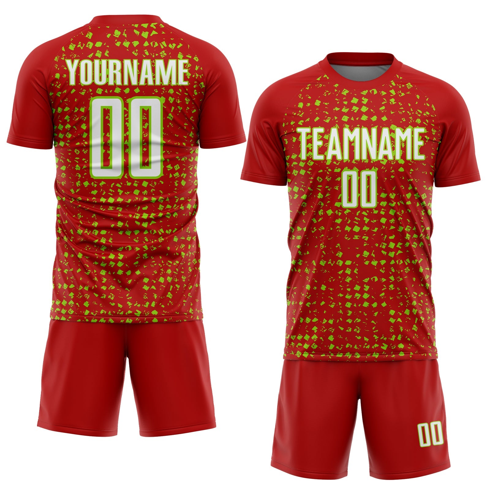 Custom Red White-Neon Green Digital Geometric Fragment Speckles Sublimation Soccer Uniform Jersey view 2