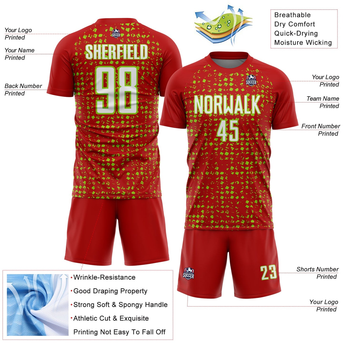 Custom Red White-Neon Green Digital Geometric Fragment Speckles Sublimation Soccer Uniform Jersey view 4