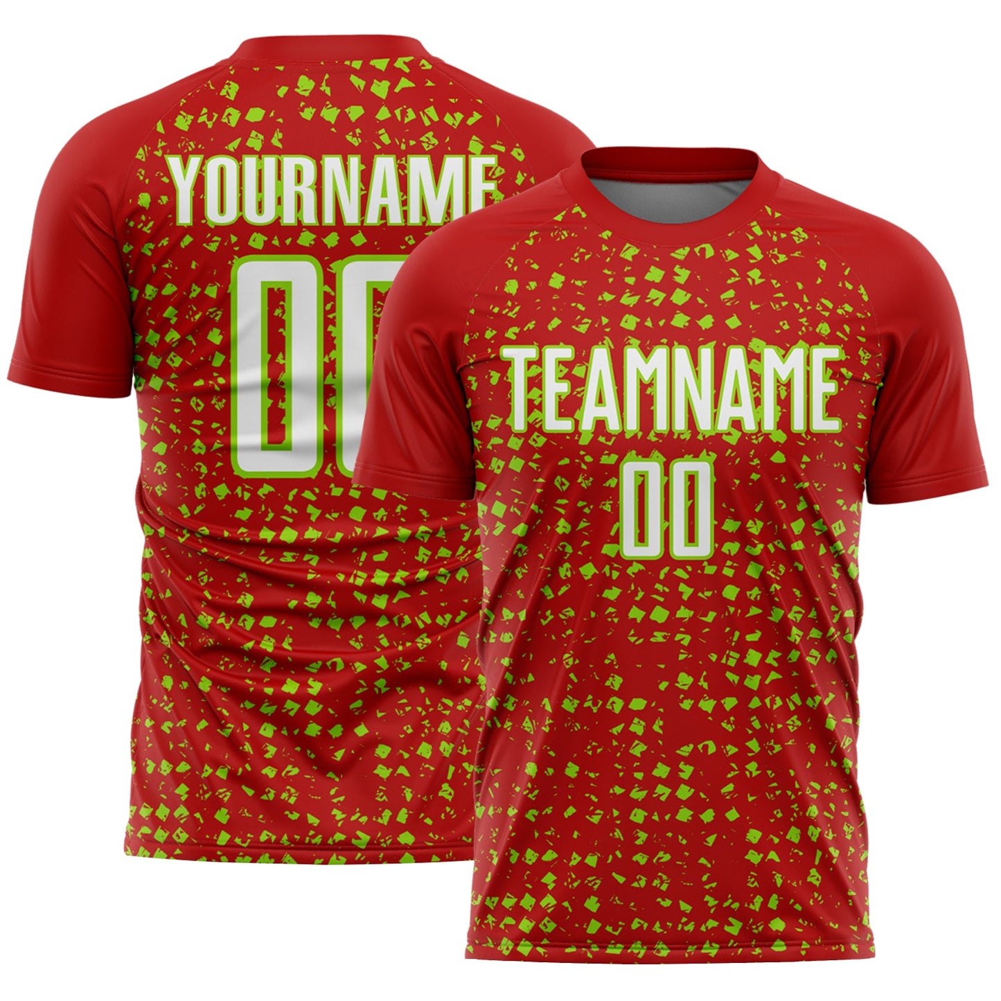 Custom Red White-Neon Green Digital Geometric Fragment Speckles Sublimation Soccer Uniform Jersey - Main View