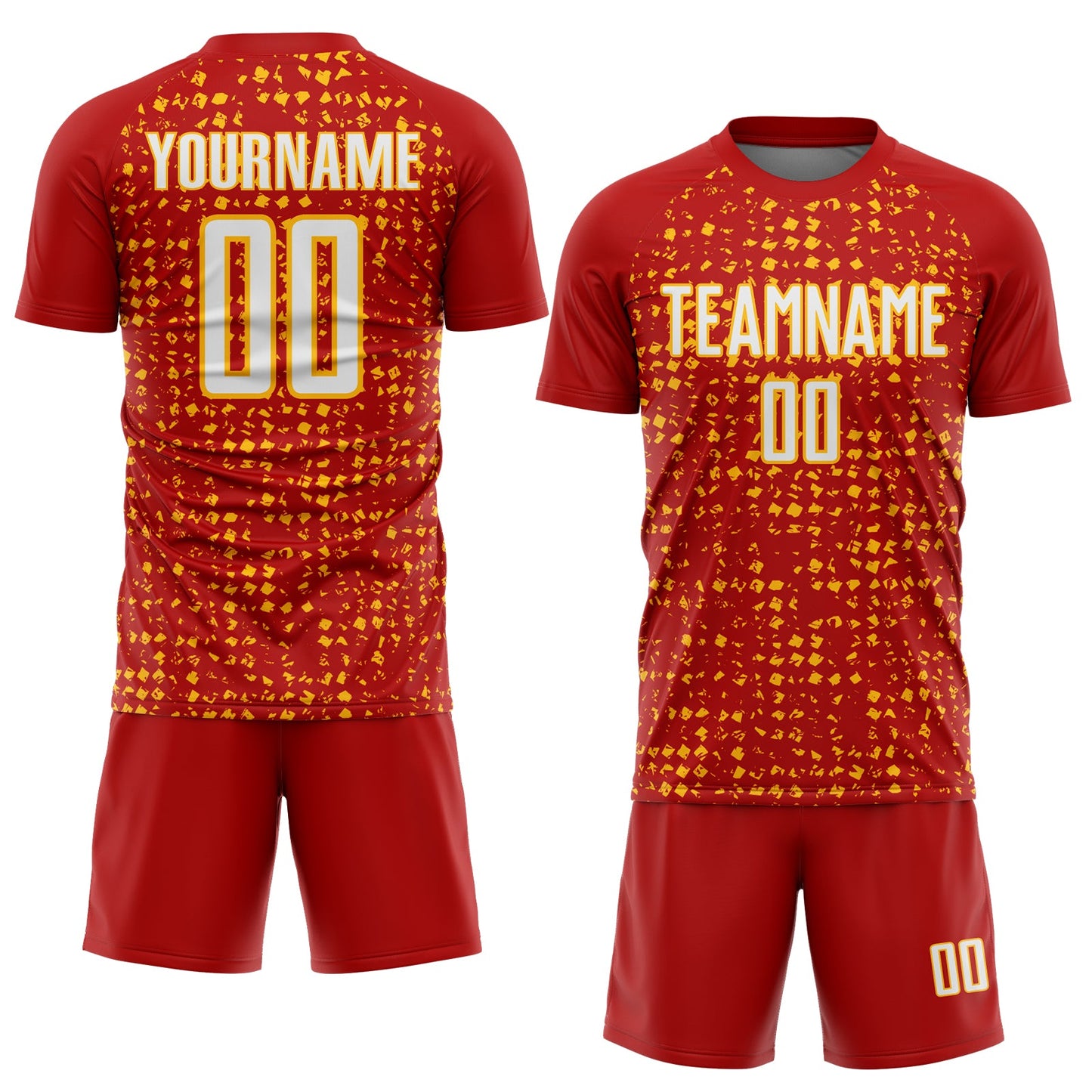 Custom Red White-Gold Digital Geometric Fragment Speckles Sublimation Soccer Uniform Jersey view 2