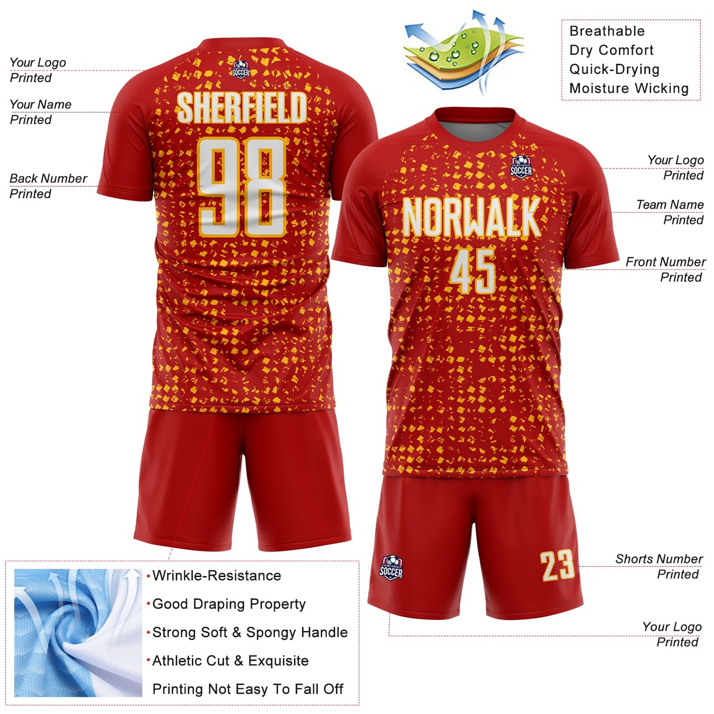 Custom Red White-Gold Digital Geometric Fragment Speckles Sublimation Soccer Uniform Jersey view 4