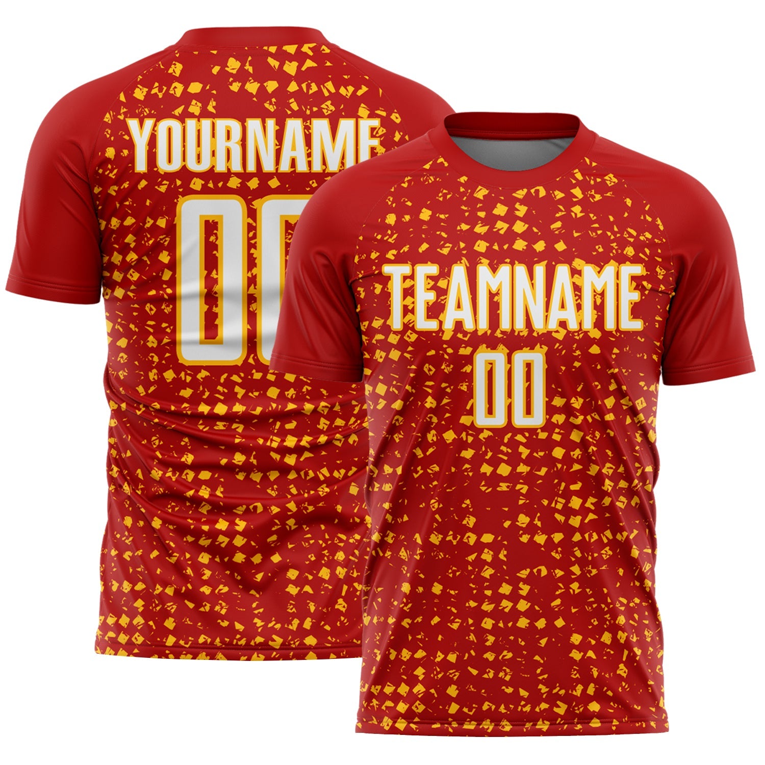 Custom Red White-Gold Digital Geometric Fragment Speckles Sublimation Soccer Uniform Jersey - Main View