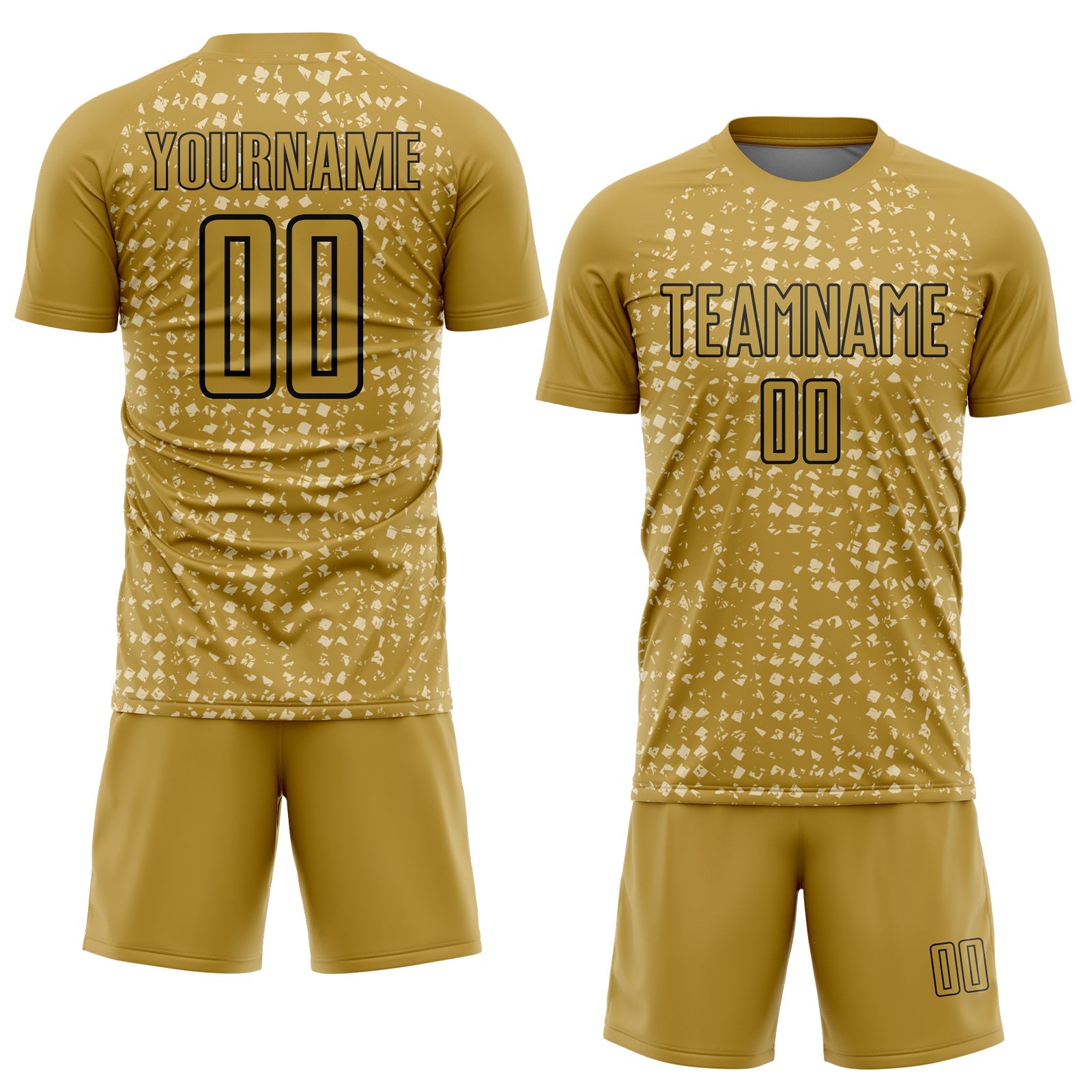 Custom Old Gold Black-Cream Digital Geometric Fragment Speckles Sublimation Soccer Uniform Jersey view 2