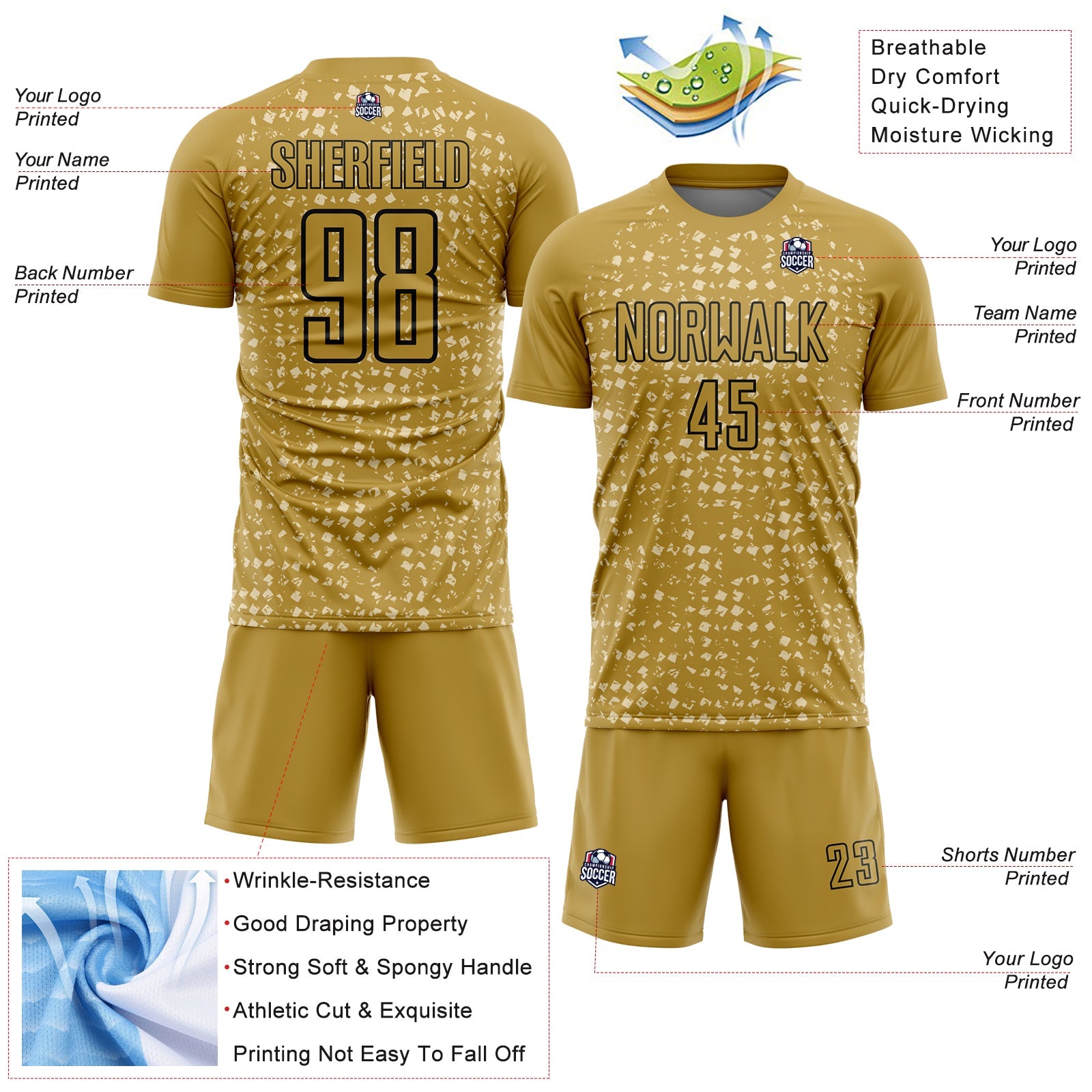 Custom Old Gold Black-Cream Digital Geometric Fragment Speckles Sublimation Soccer Uniform Jersey view 4
