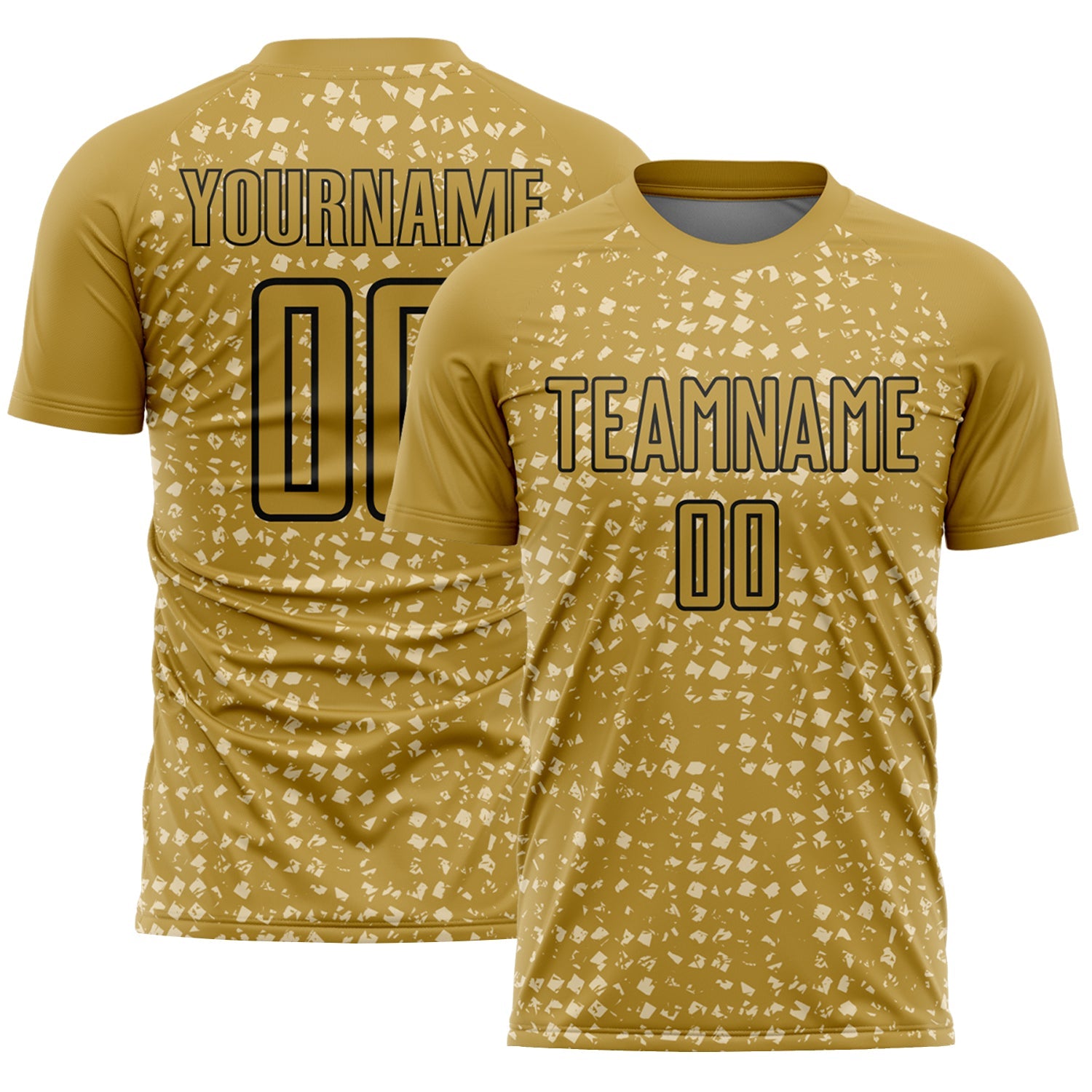 Custom Old Gold Black-Cream Digital Geometric Fragment Speckles Sublimation Soccer Uniform Jersey - Main View