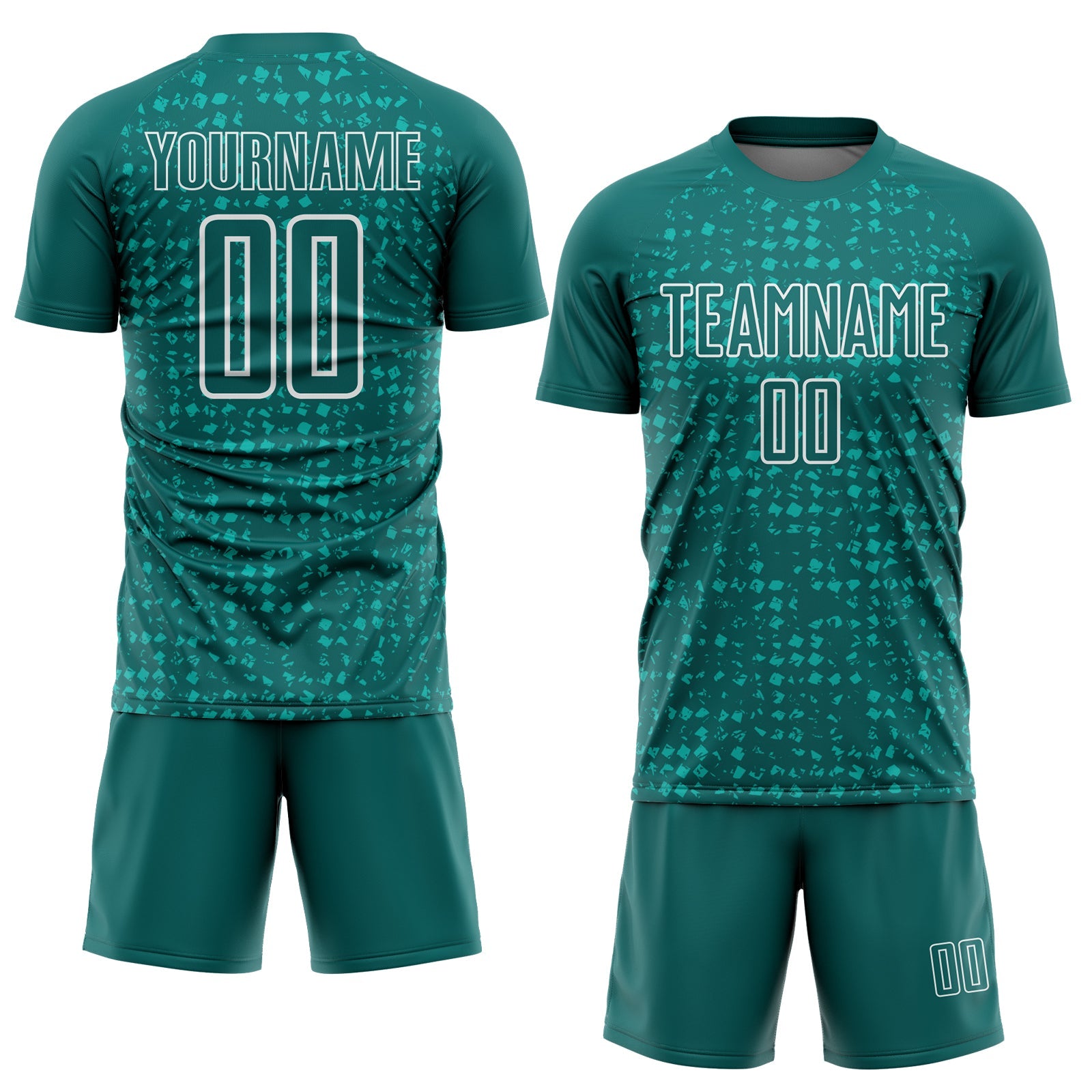 Custom Teal White-Aqua Digital Geometric Fragment Speckles Sublimation Soccer Uniform Jersey view 2