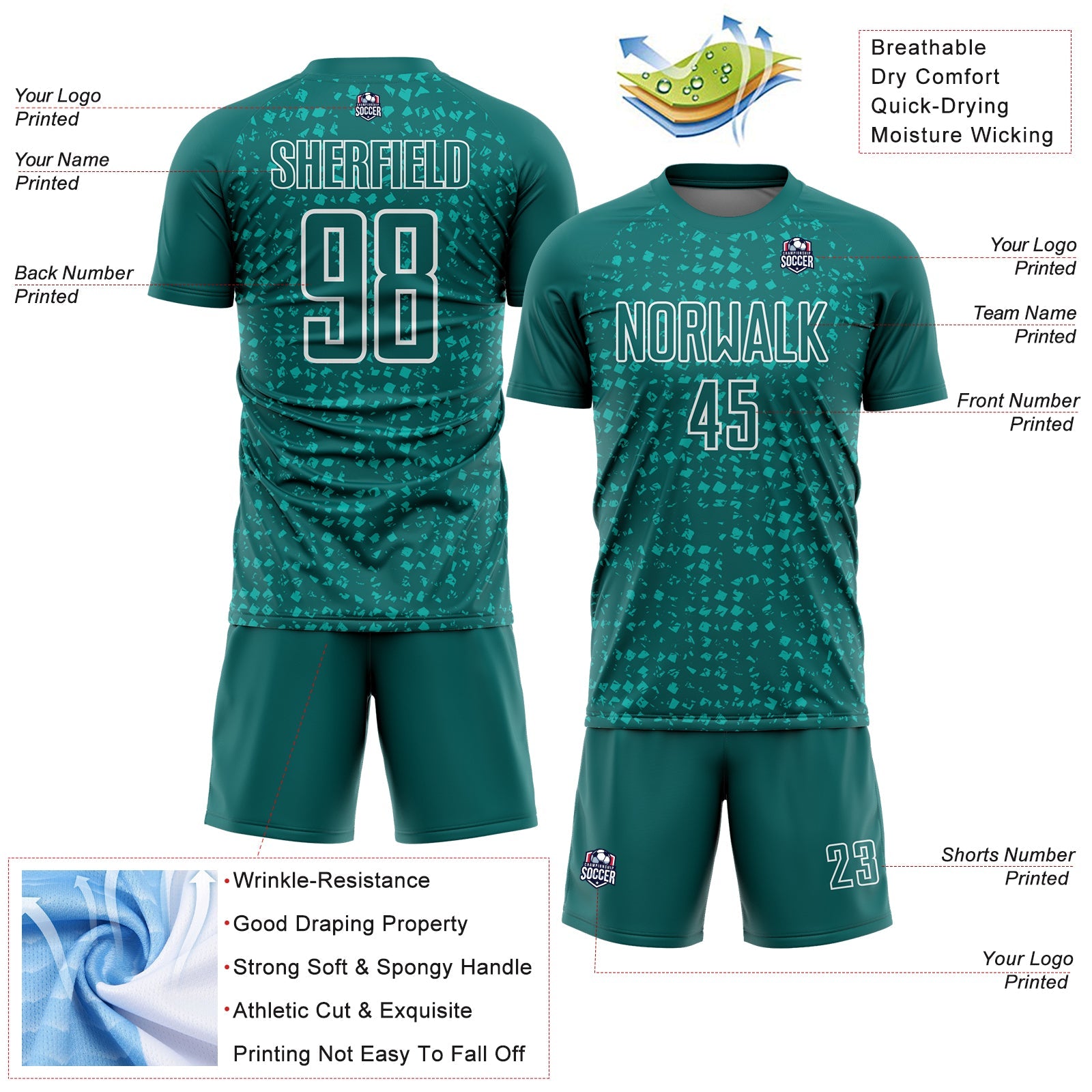 Custom Teal White-Aqua Digital Geometric Fragment Speckles Sublimation Soccer Uniform Jersey view 4