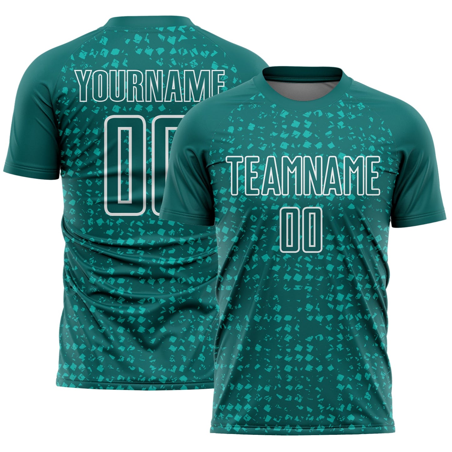 Custom Teal White-Aqua Digital Geometric Fragment Speckles Sublimation Soccer Uniform Jersey - Main View