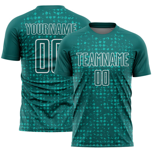 Custom Teal White-Aqua Digital Geometric Fragment Speckles Sublimation Soccer Uniform Jersey - Main View