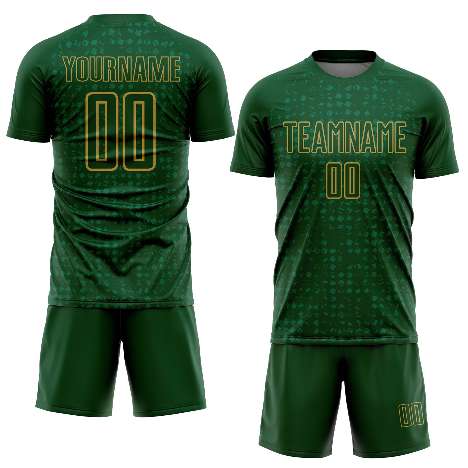 Custom Green Old Gold-Kelly Green Digital Geometric Fragment Speckles Sublimation Soccer Uniform Jersey view 2