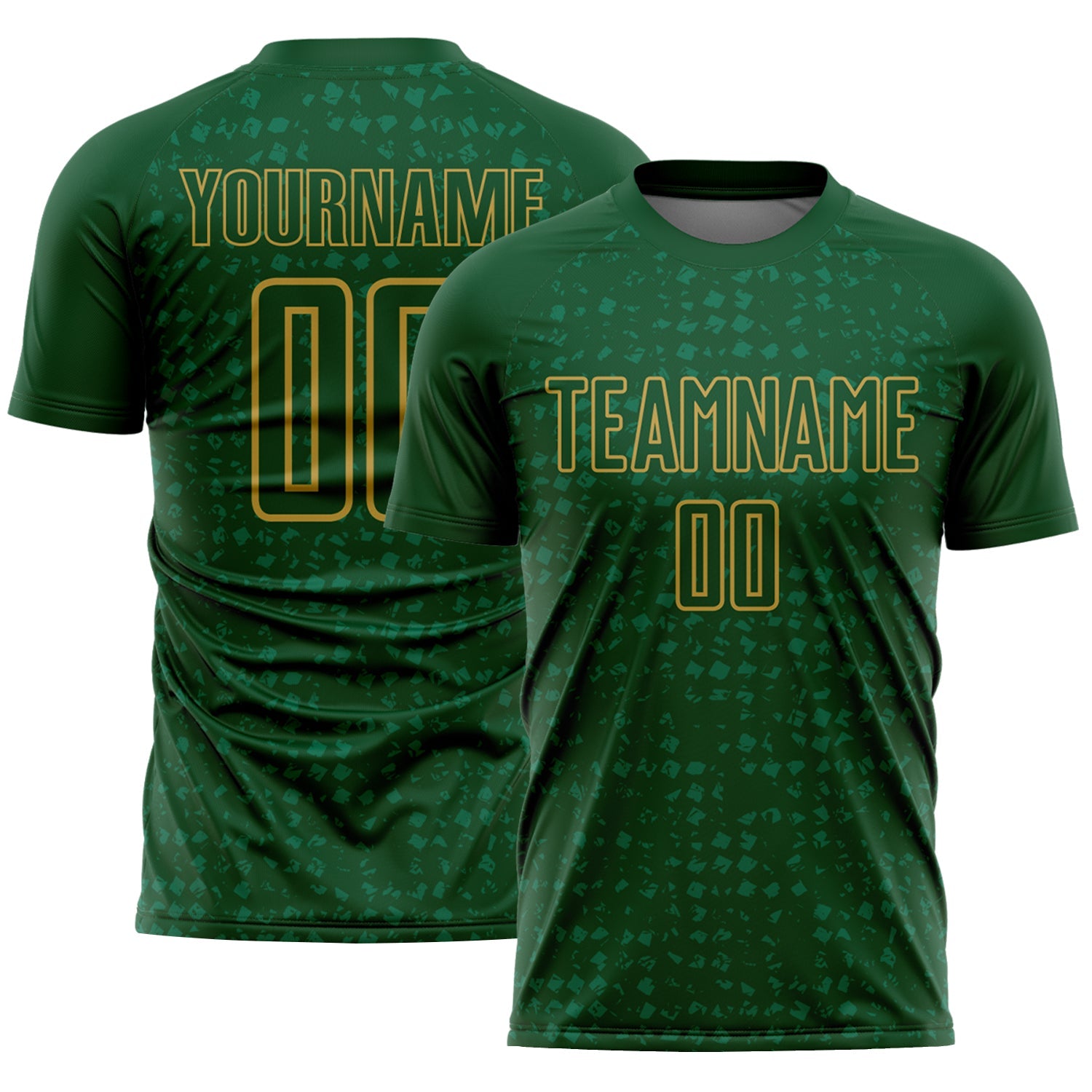 Custom Green Old Gold-Kelly Green Digital Geometric Fragment Speckles Sublimation Soccer Uniform Jersey - Main View