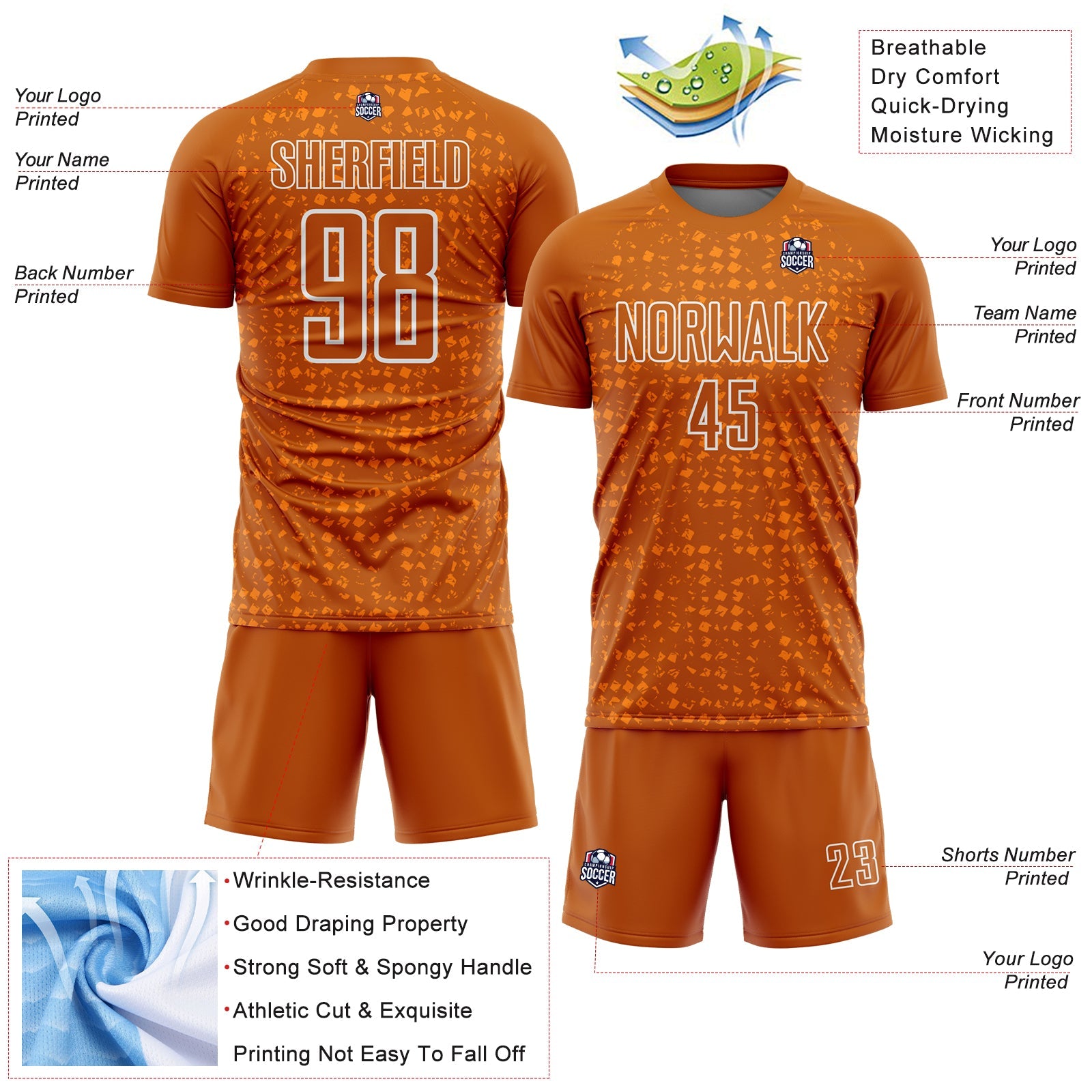Custom Texas Orange White-Bay Orange Digital Geometric Fragment Speckles Sublimation Soccer Uniform Jersey view 4