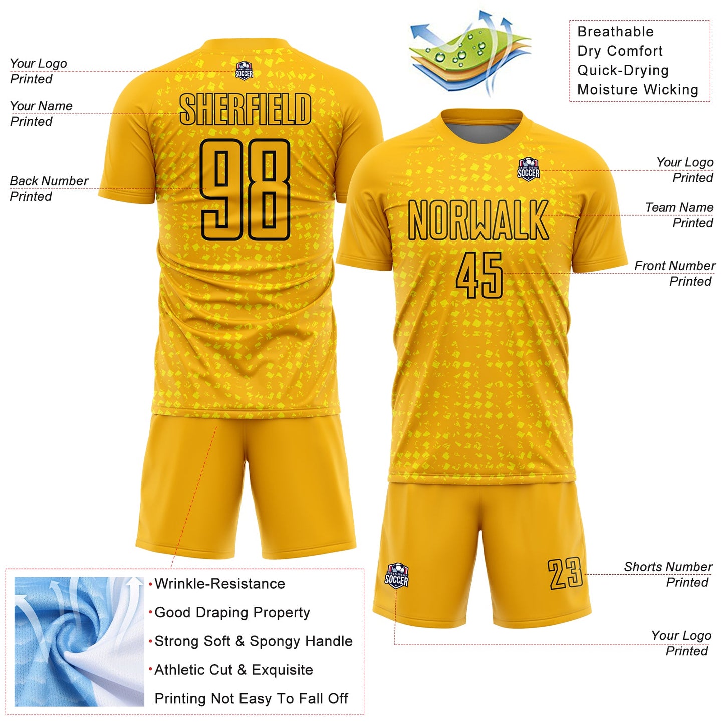 Custom Gold Black-Light Yellow Digital Geometric Fragment Speckles Sublimation Soccer Uniform Jersey view 4